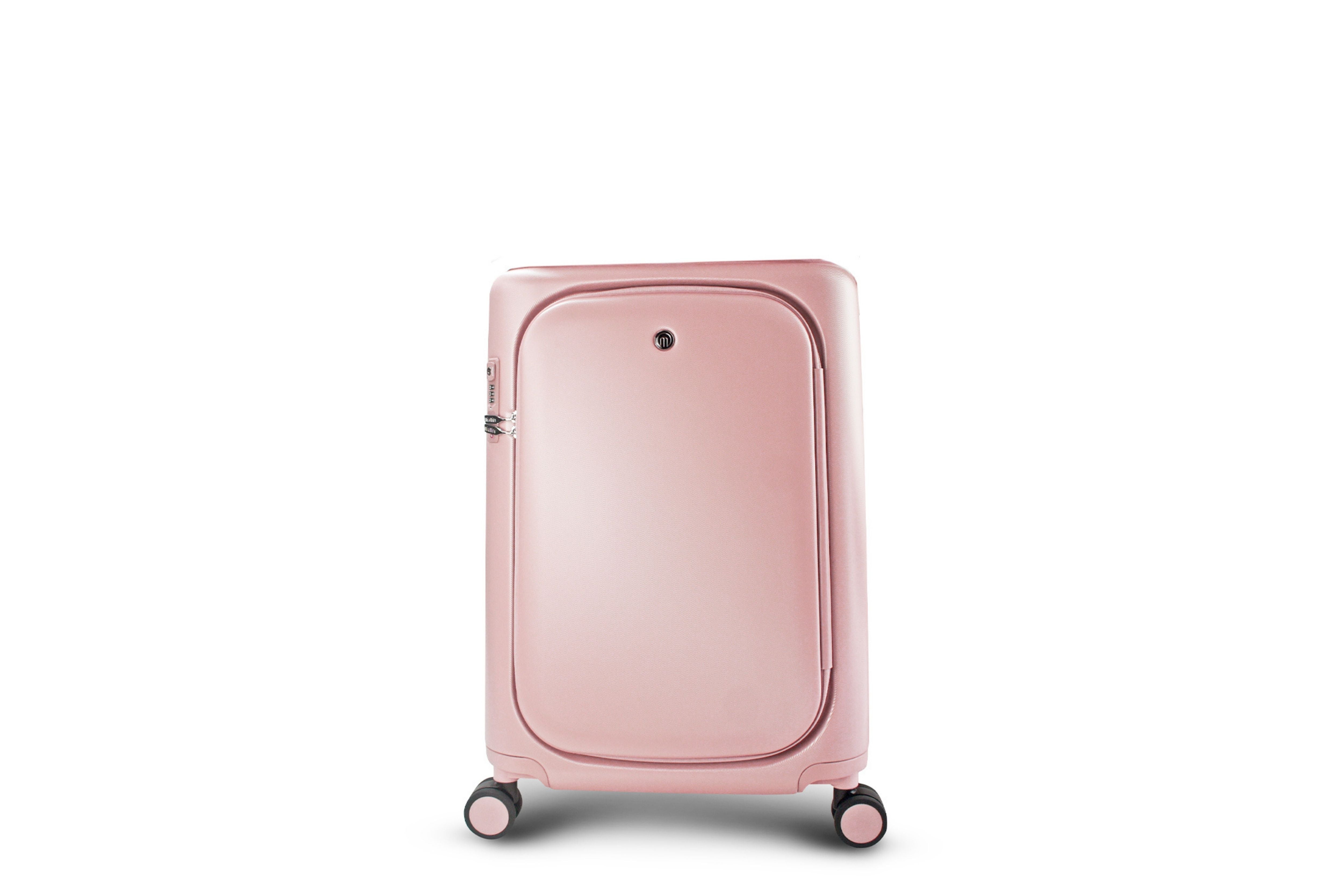 MiaMily Carry On Plus 18” Luggage in Dusty Pink, with its built in ride-on seat down