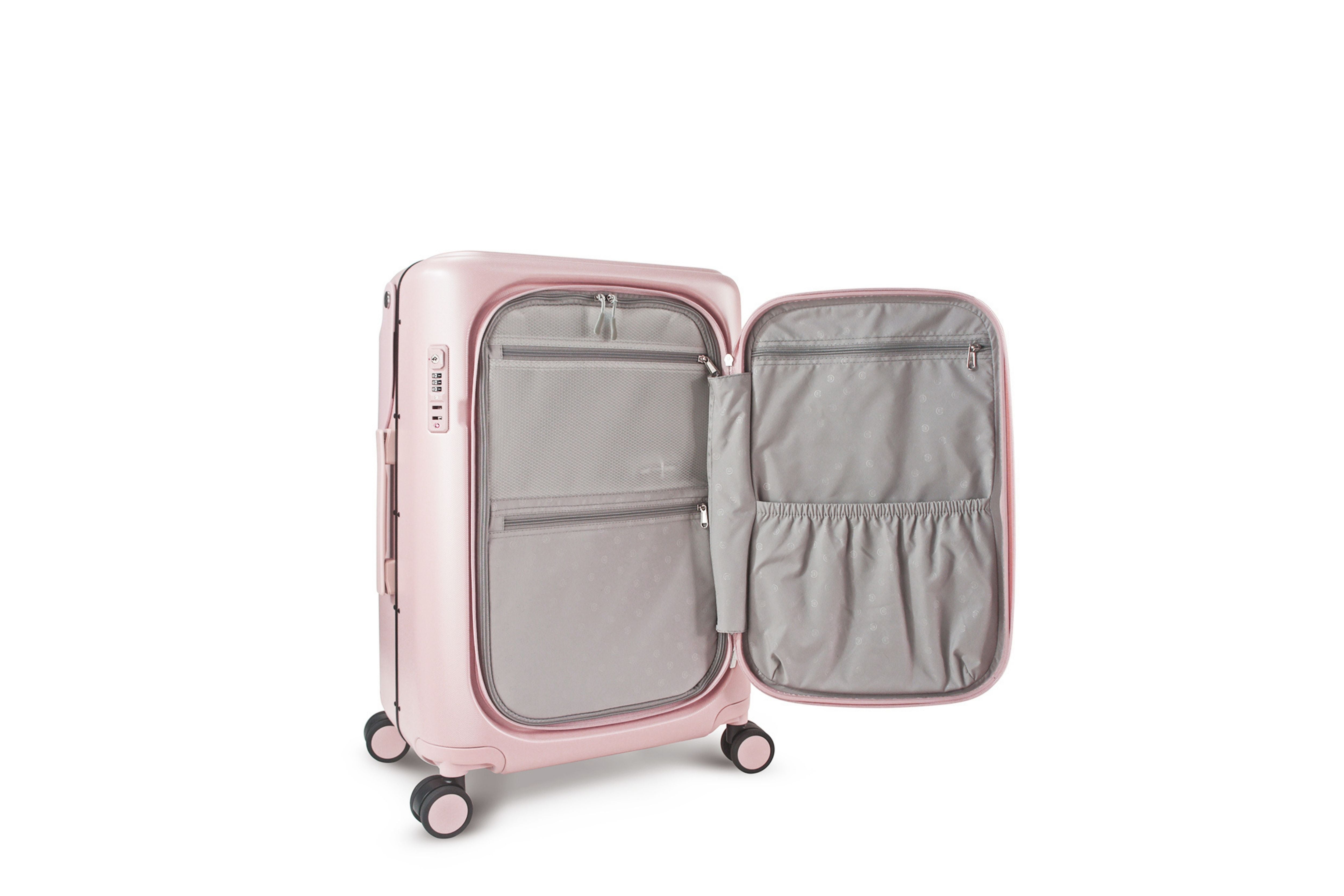 Showcasing the MiaMily Carry On Plus 18” Luggage spacious front pocket , featuring the waterproof and thermal compartments