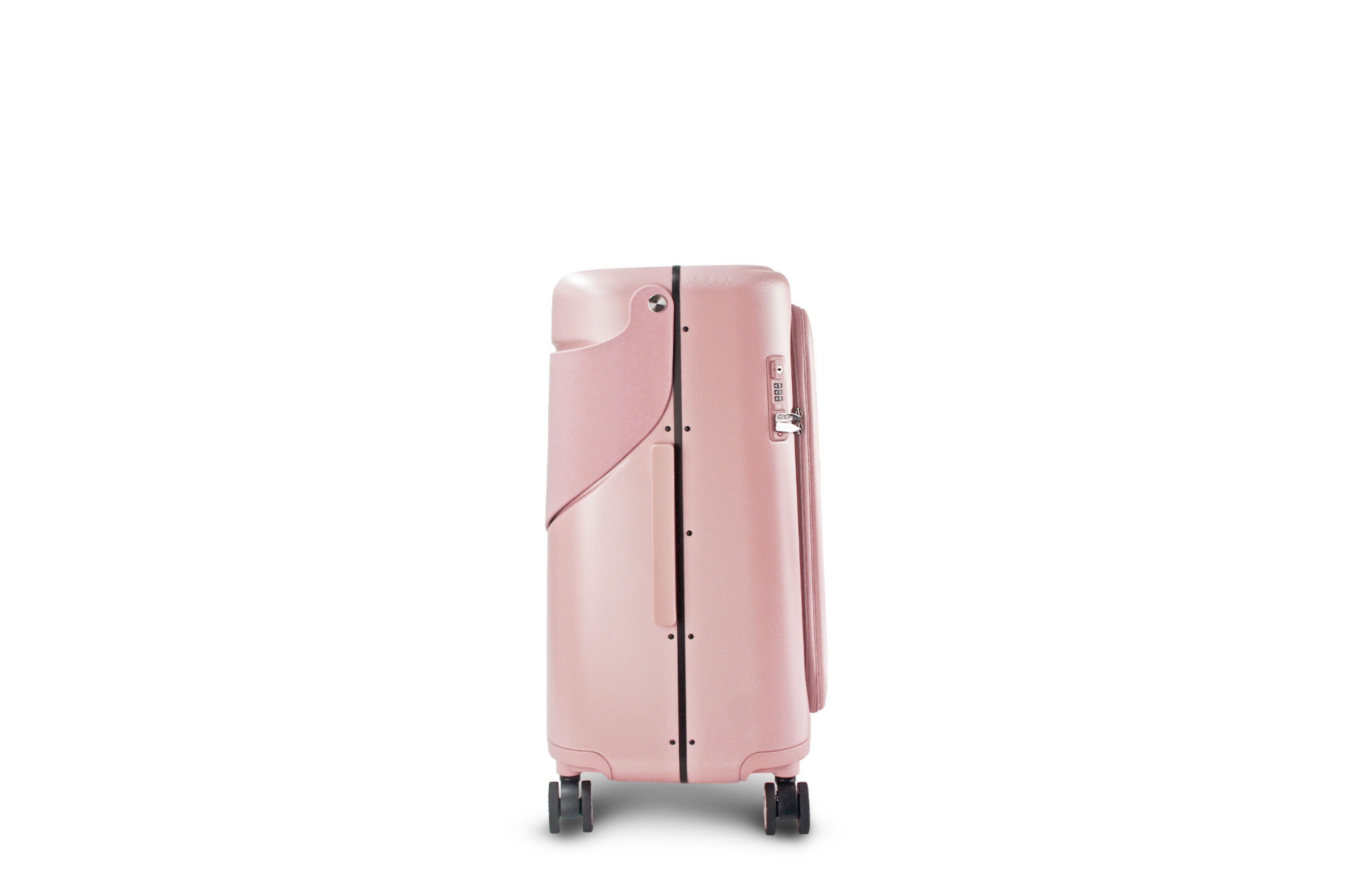 Side view of the MiaMily Carry On Plus 18” Luggage in Dusty Pink, with its built in ride-on seat down