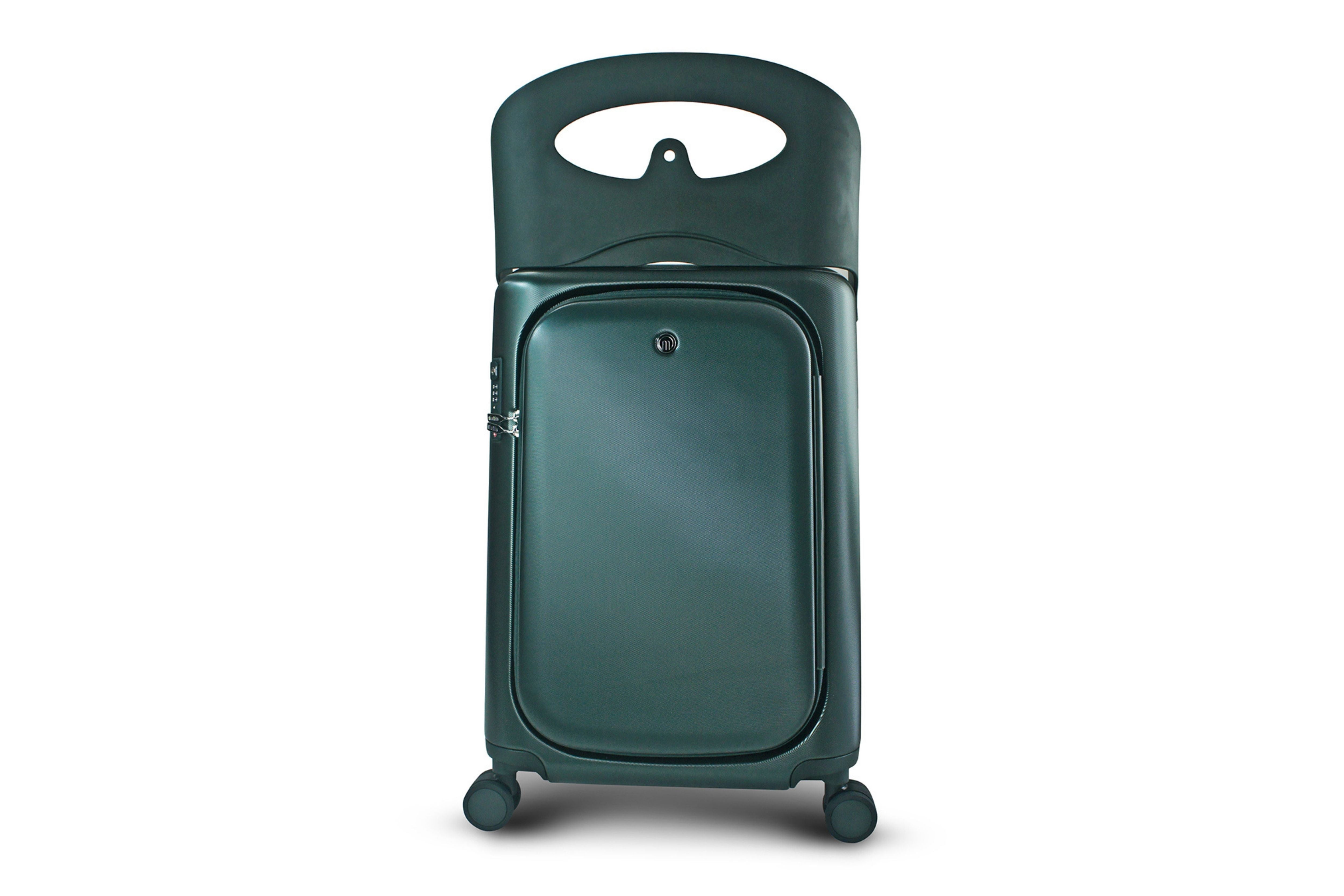 MiaMily Carry On Plus 18” Luggage in Forest Green, with its built in ride-on seat up