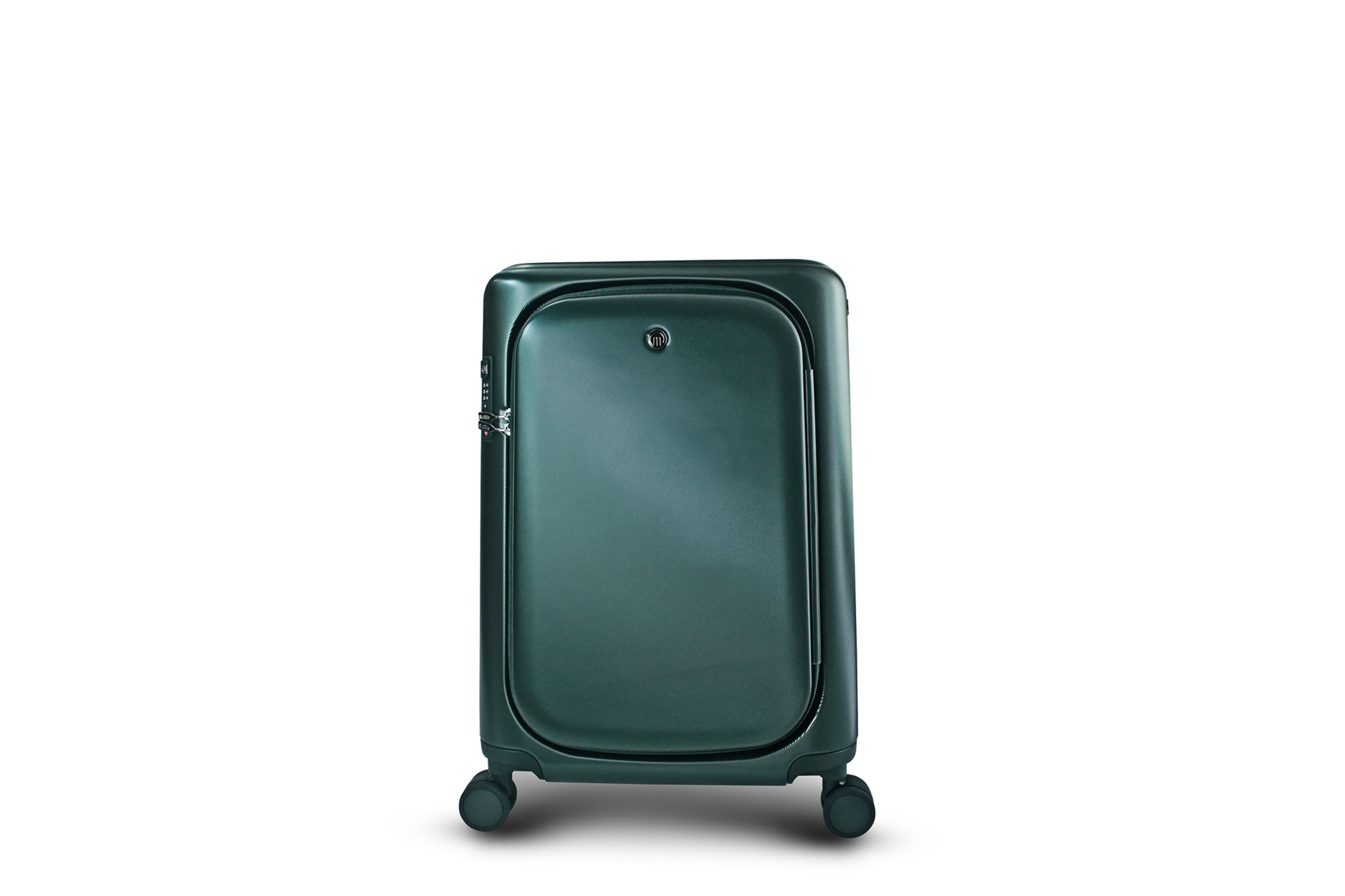 MiaMily Carry On Plus 18” Luggage in Forest Green, with its built in ride-on seat down