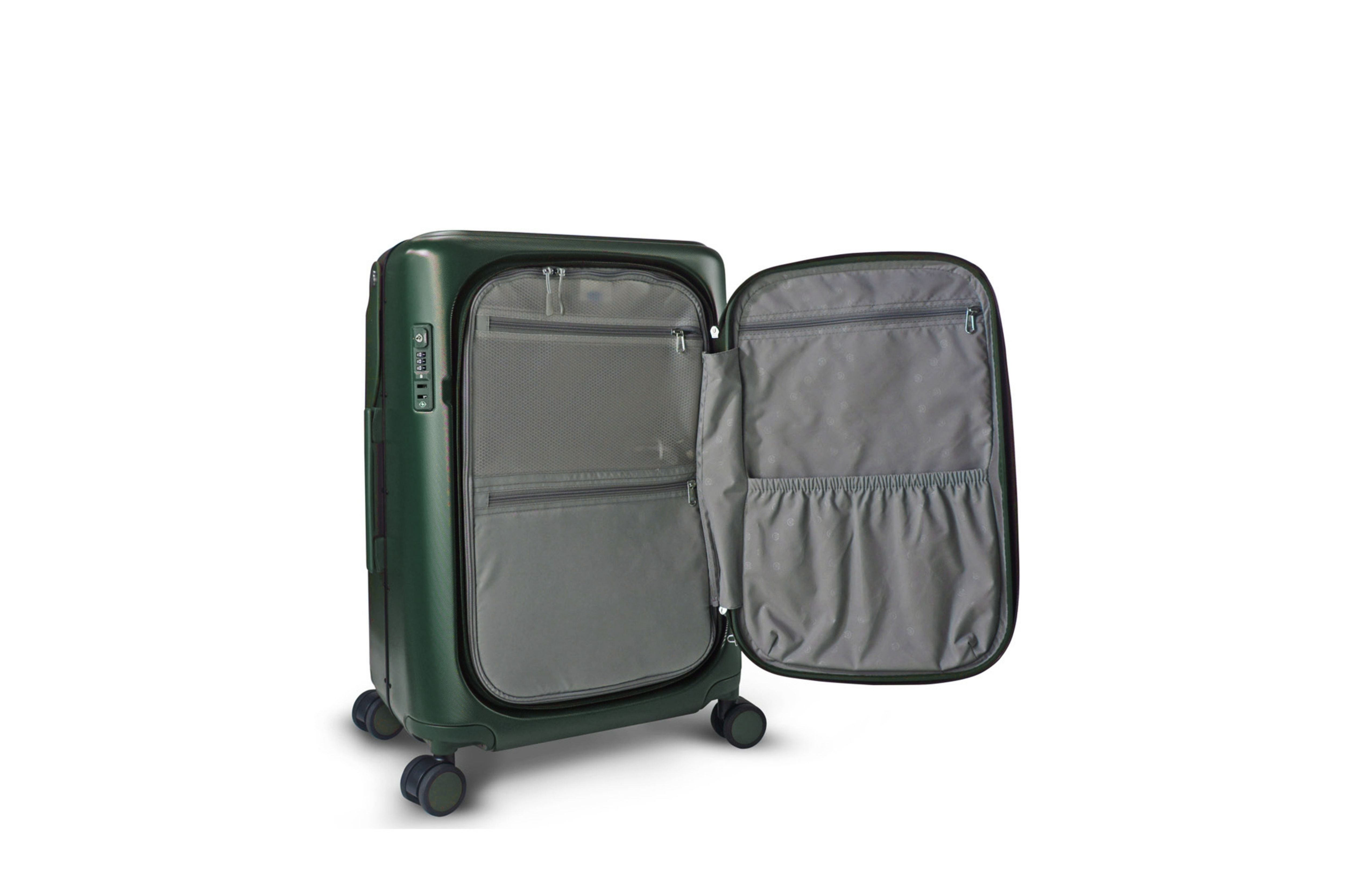 Showcasing the MiaMily Carry On Plus 18” Luggage spacious front pocket , featuring the waterproof and thermal compartments