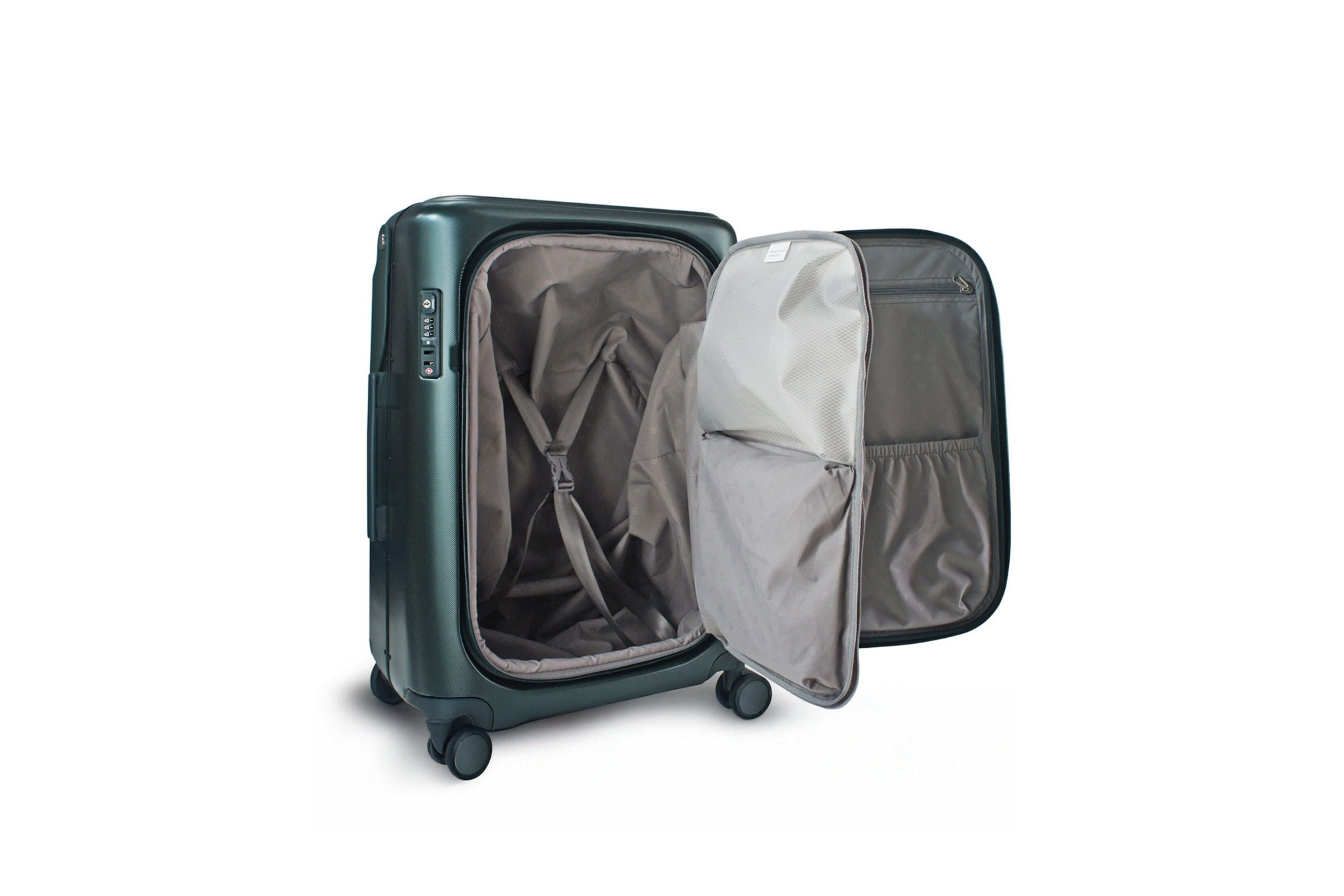 Showcasing the MiaMily Carry On Plus 18” Luggage new top-opening design, revealing its interior organiser pocket and lining.