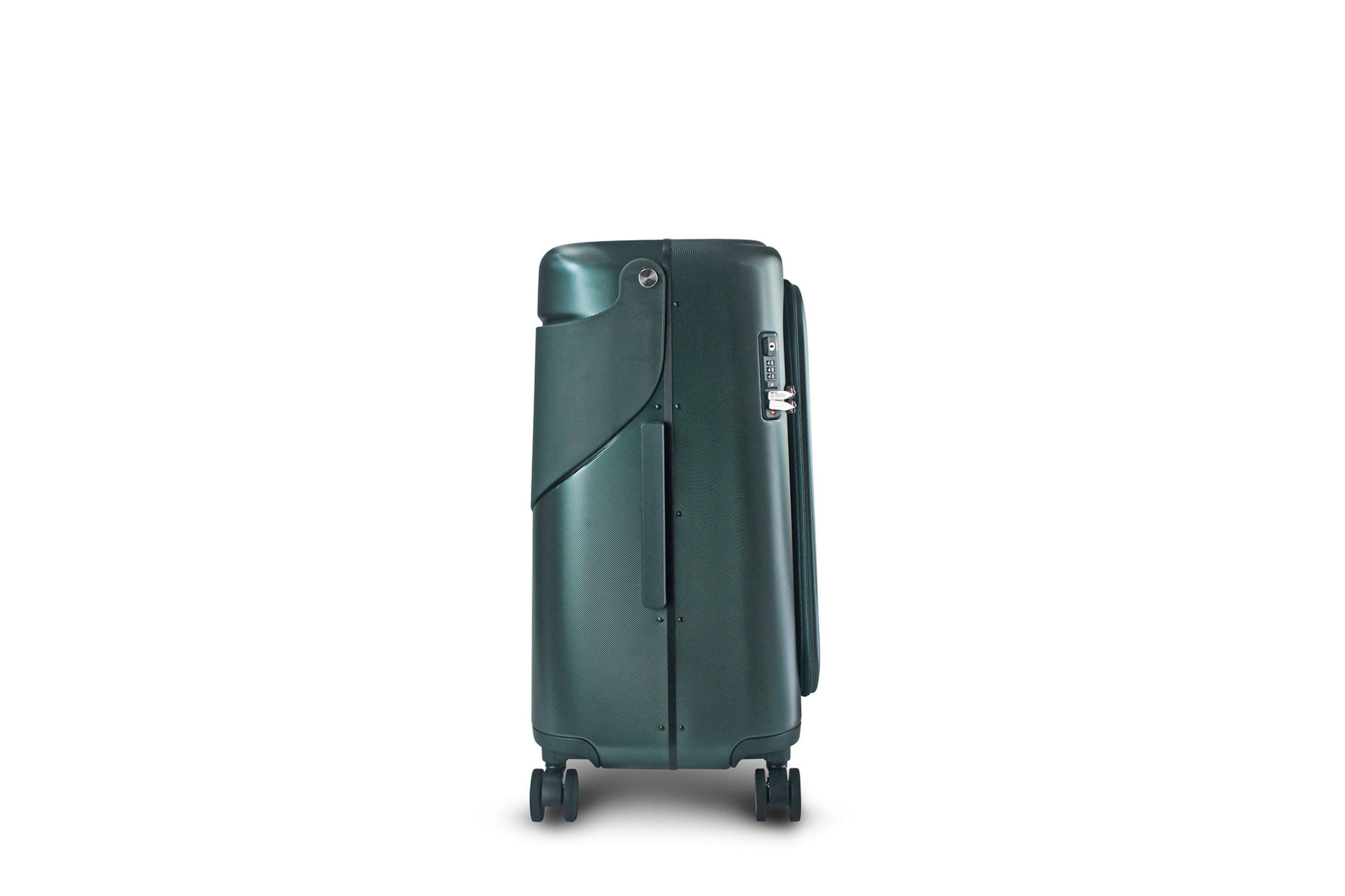 Side view of the MiaMily Carry On Plus 18” Luggage, with its built in ride-on seat down