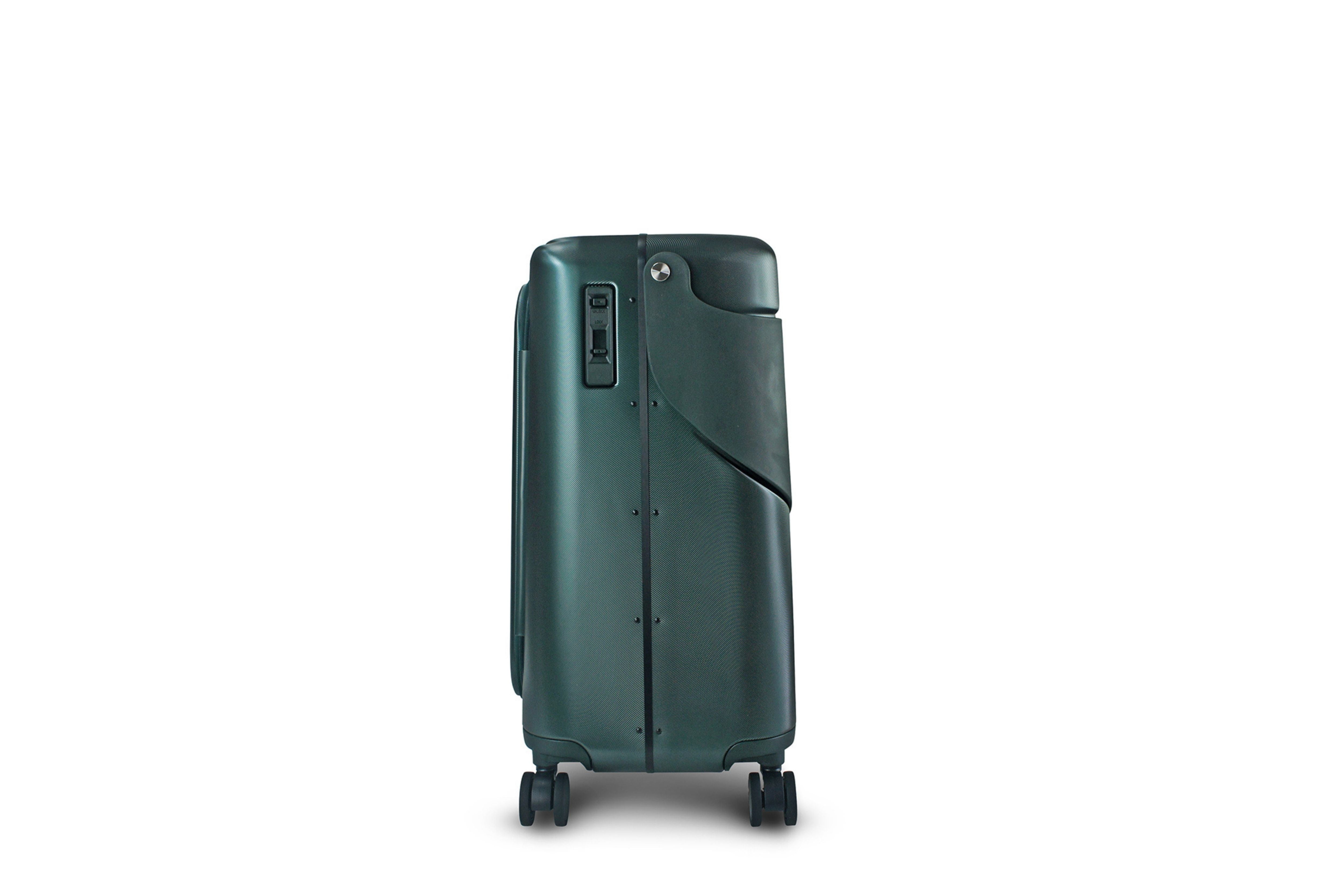 Side view of the MiaMily Carry On Plus 18” Luggage, with its built in ride-on seat down