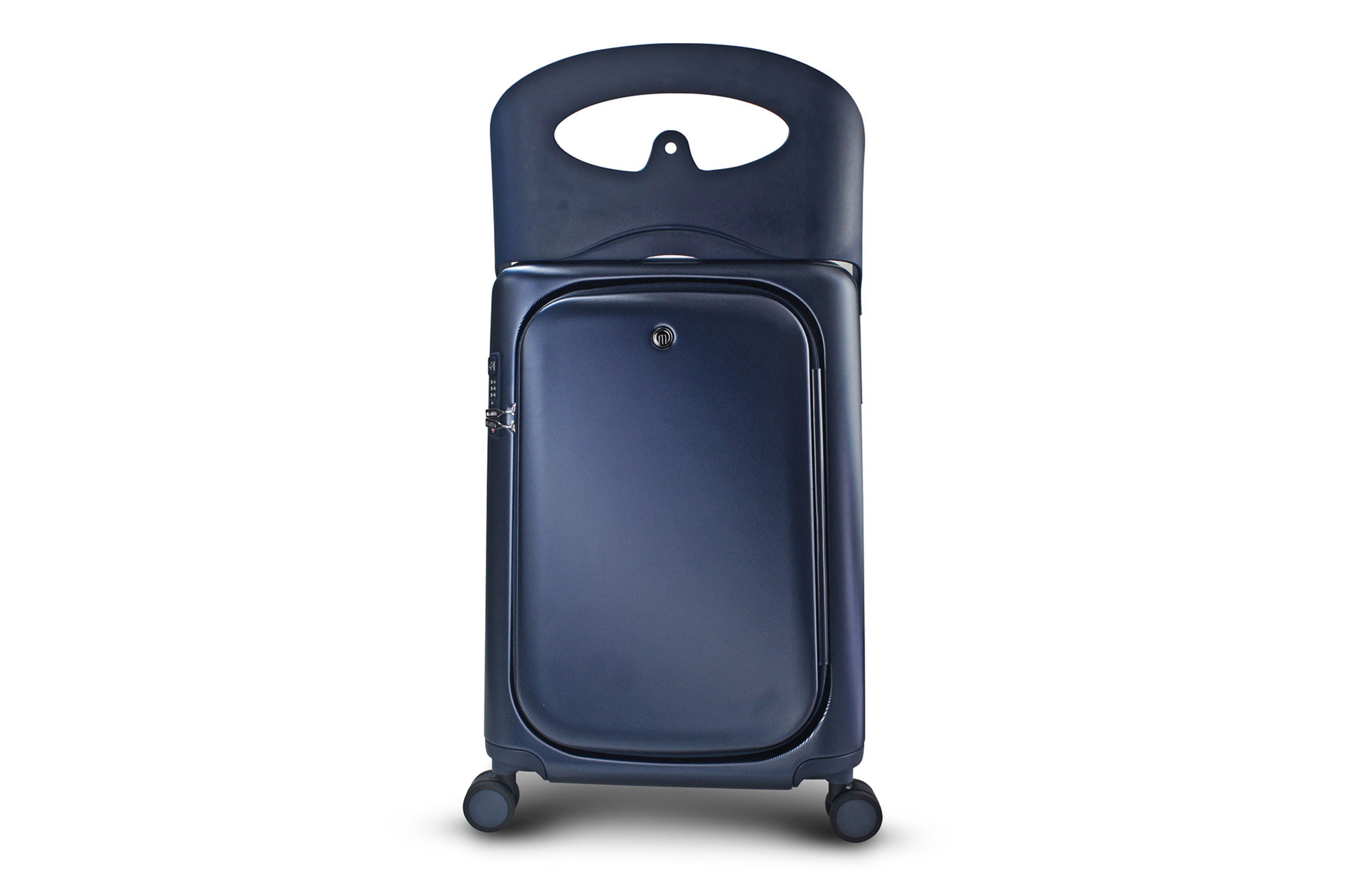 MiaMily Carry On Plus 18” Luggage in Navy Blue, with its built in ride-on seat up