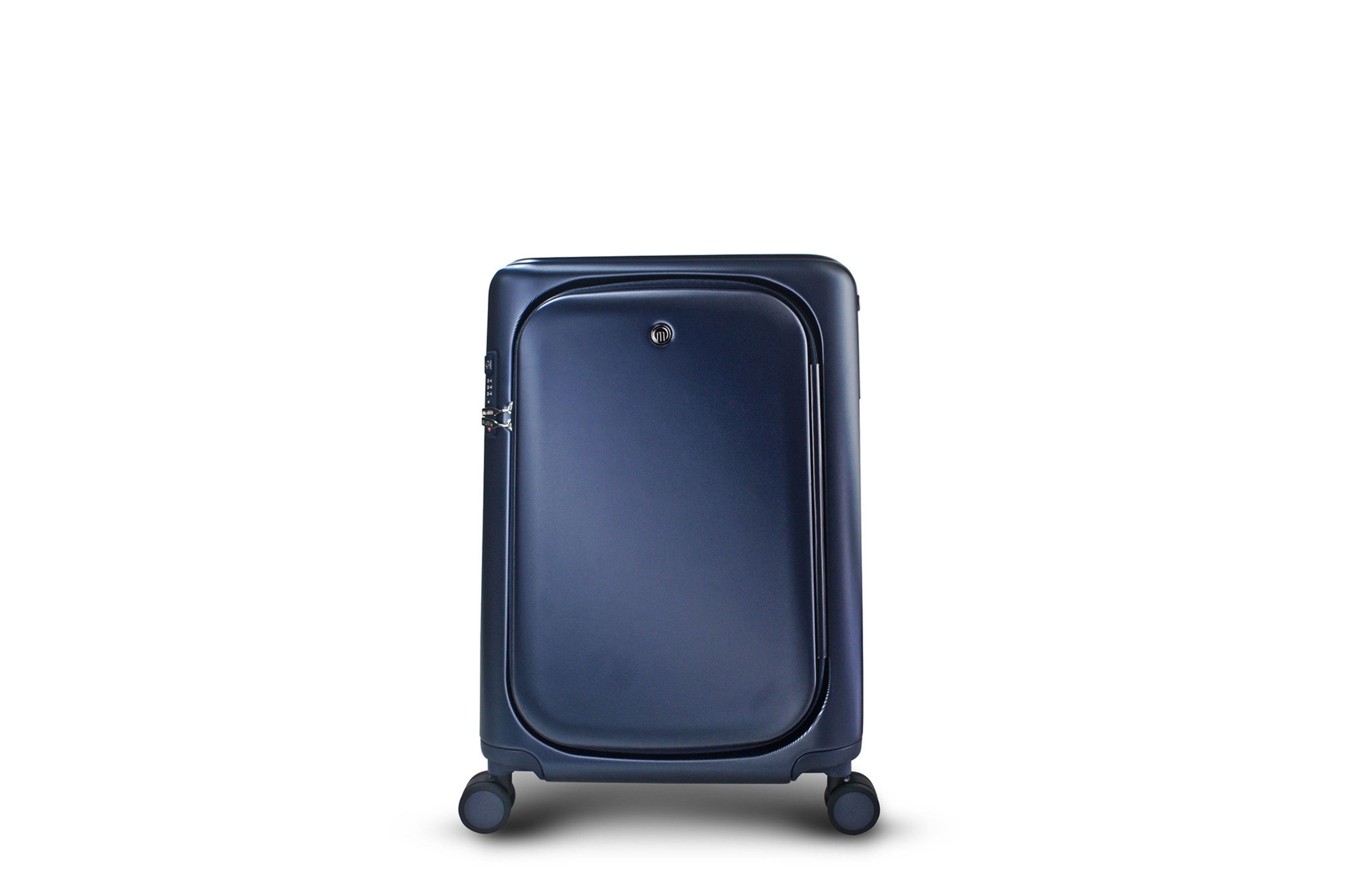 MiaMily Carry On Plus 18” Luggage in Navy Blue, with its built in ride-on seat down