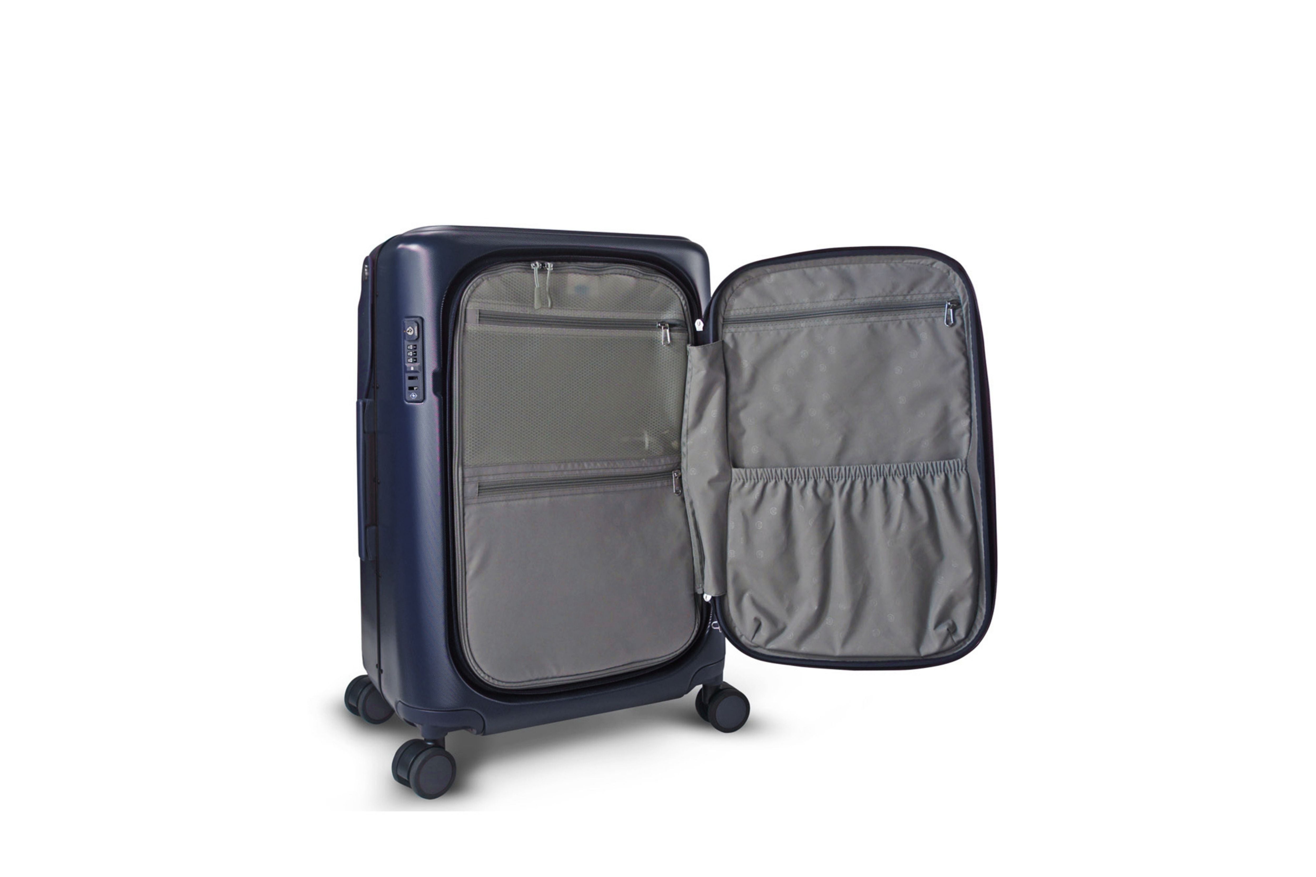 Showcasing the MiaMily Carry On Plus 18” Luggage spacious front pocket , featuring the waterproof and thermal compartments