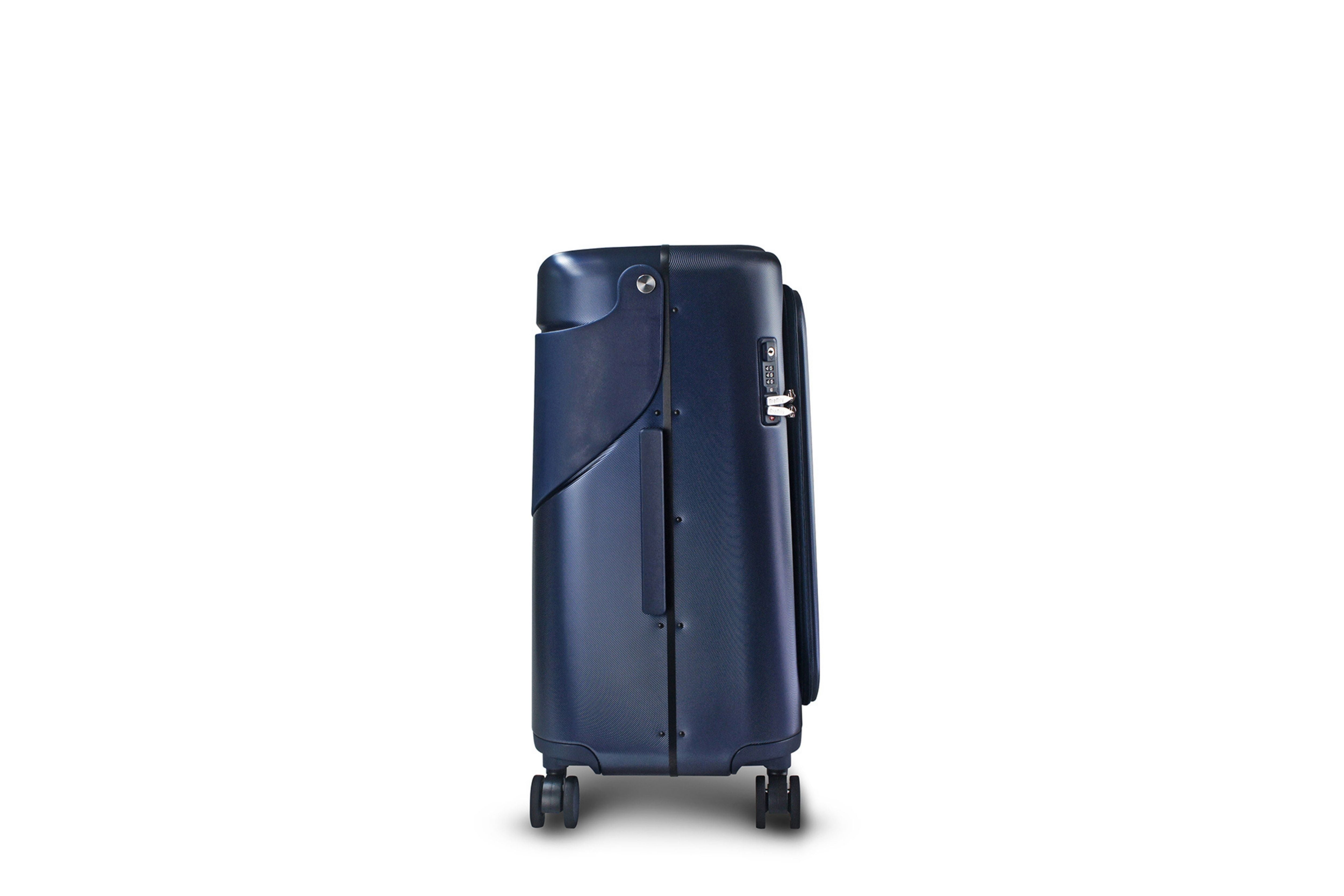 Side view of the MiaMily Carry On Plus 18” Luggage, with its built in ride-on seat down