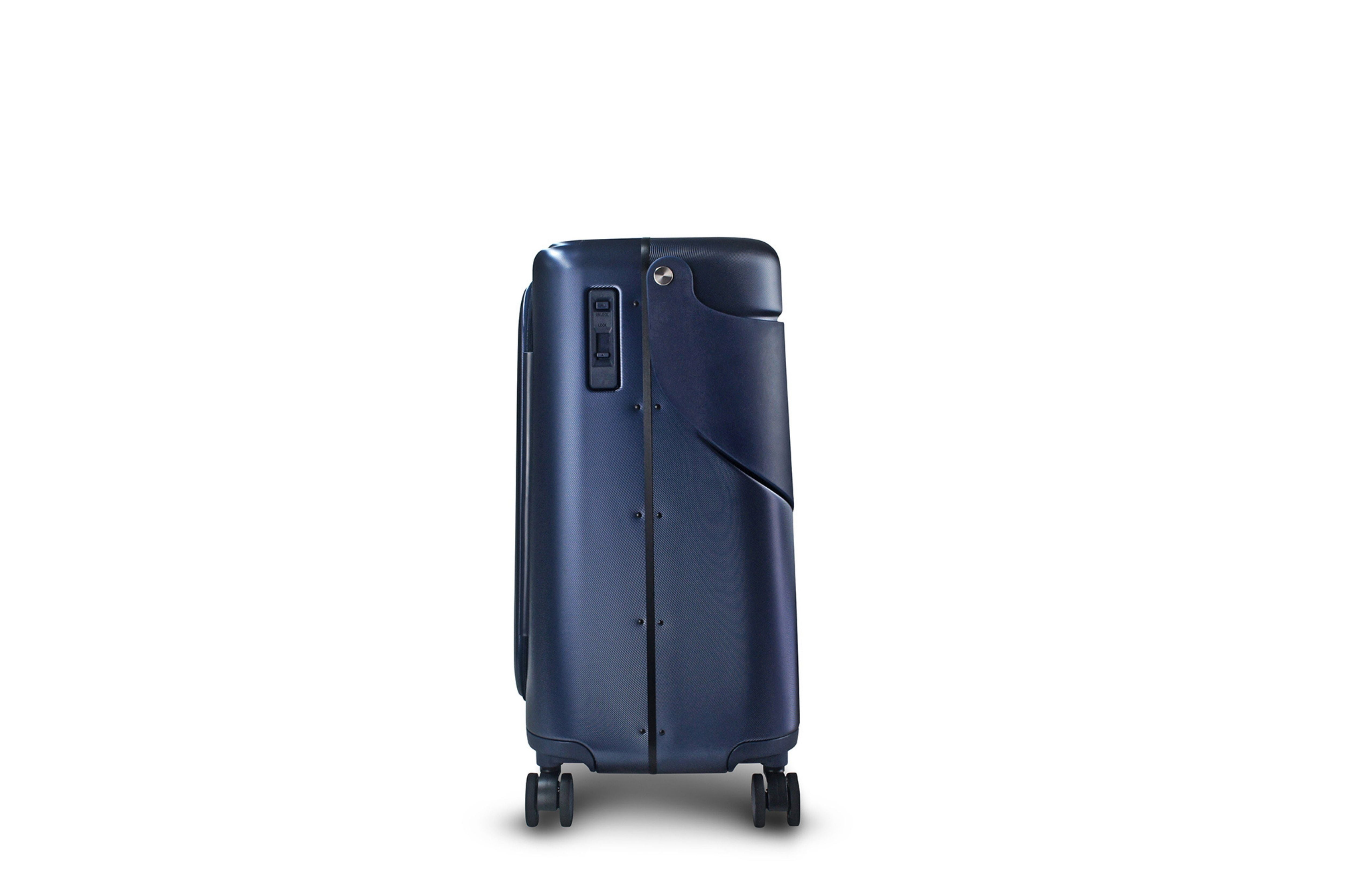 Side view of the MiaMily Carry On Plus 18” Luggage, with its built in ride-on seat down