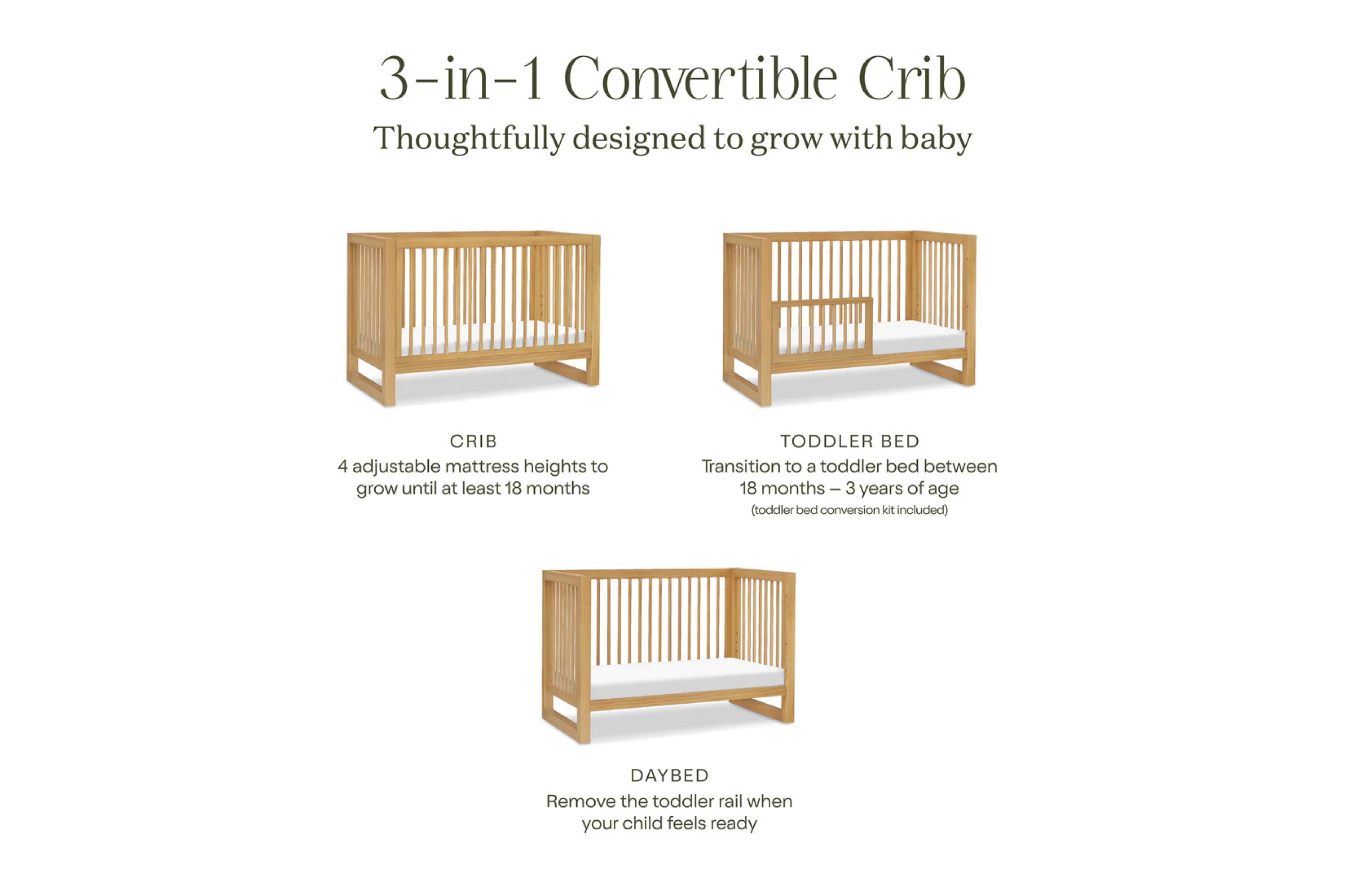 Namesake Nantucket 3-in-1 Convertible Crib in Honey finish displayed in its three configurations: as a standard crib for infants, a toddler bed with the toddler bed conversion kit installed, and a daybed for older children #color_honey