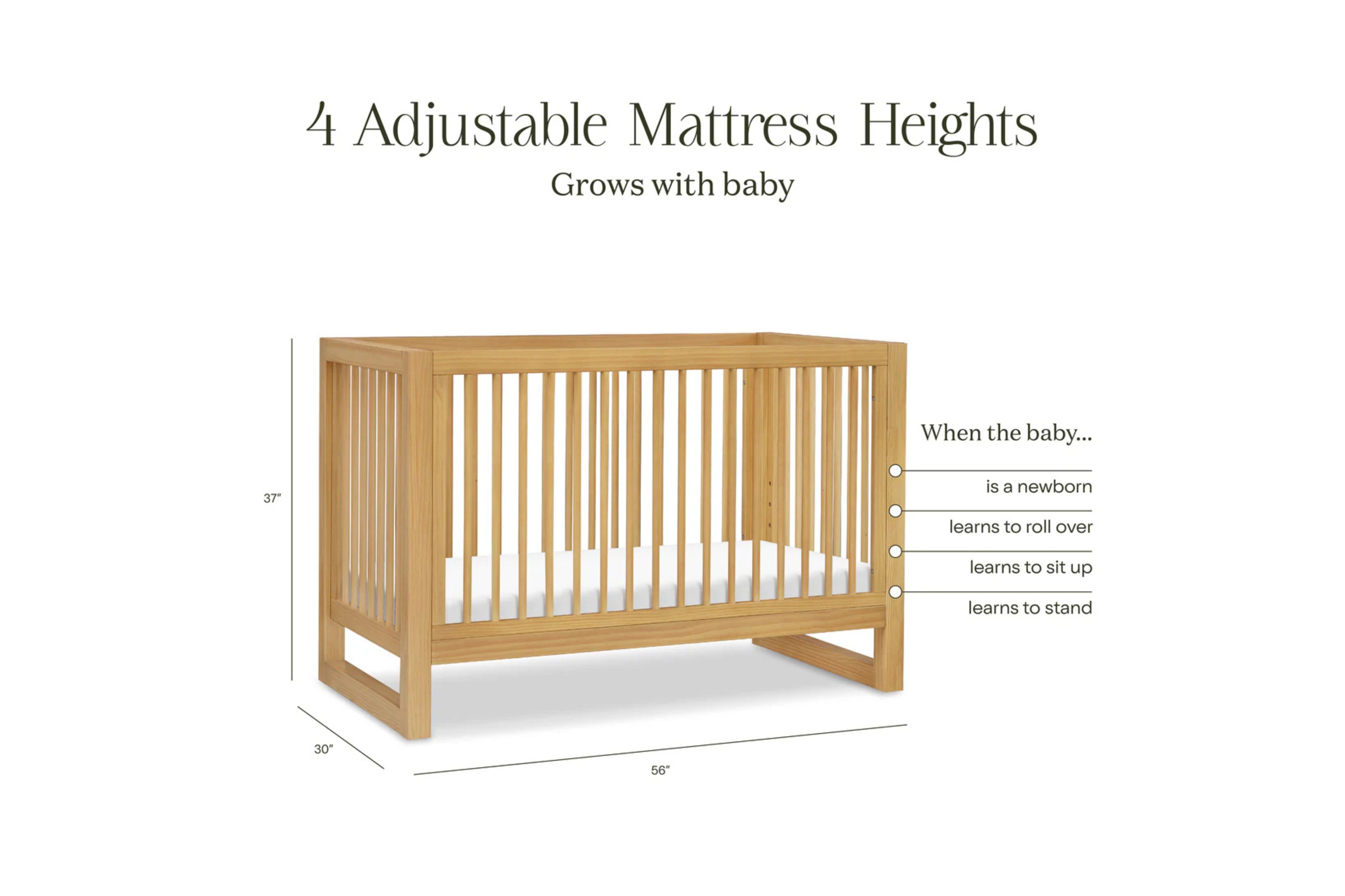 Namesake Nantucket 3-in-1 Convertible Crib displaying all four adjustable mattress height positions #color_honey