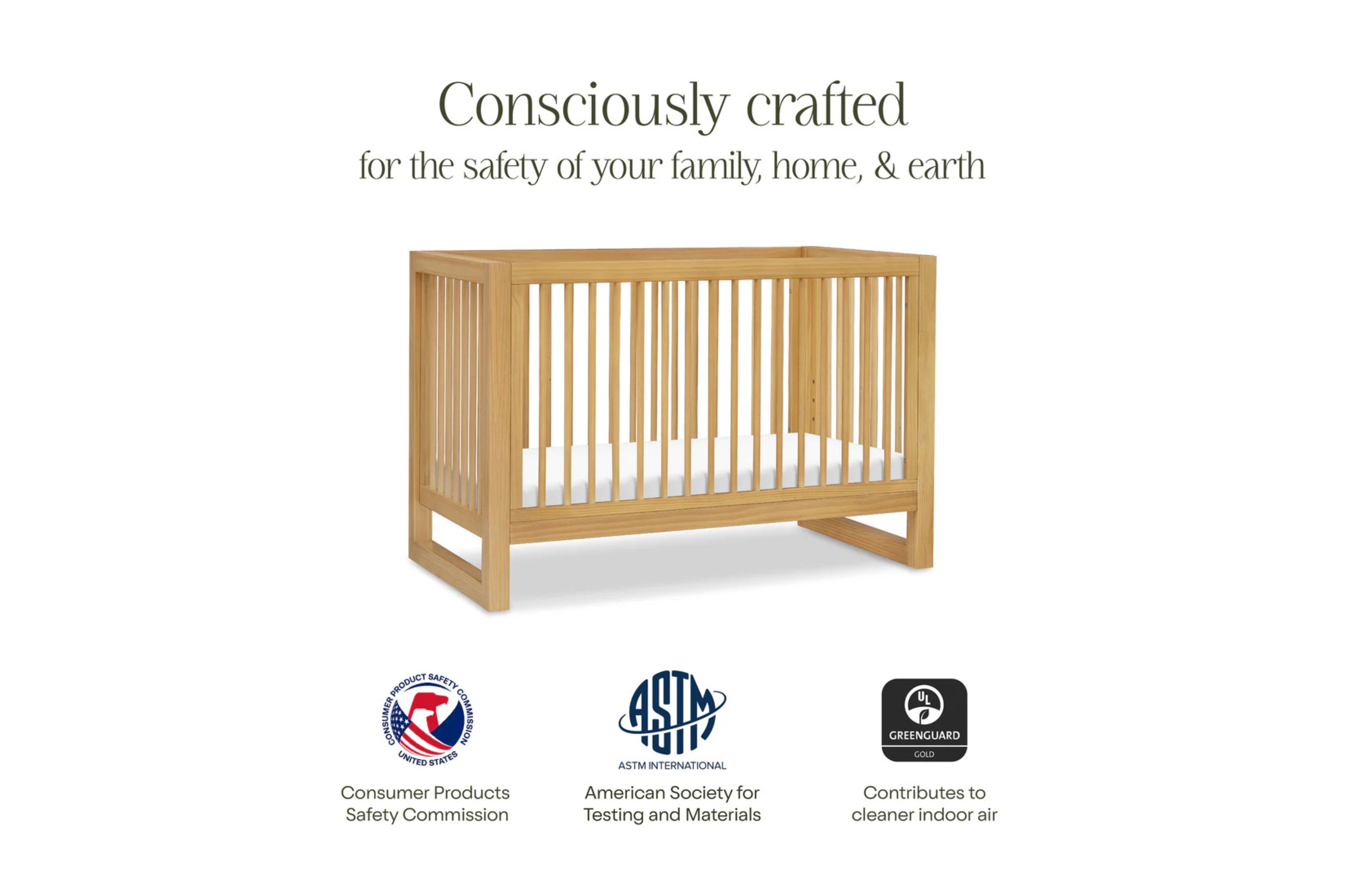 Namesake Nantucket 3-in-1 Convertible Crib highlighting its consciously crafted design #color_honey