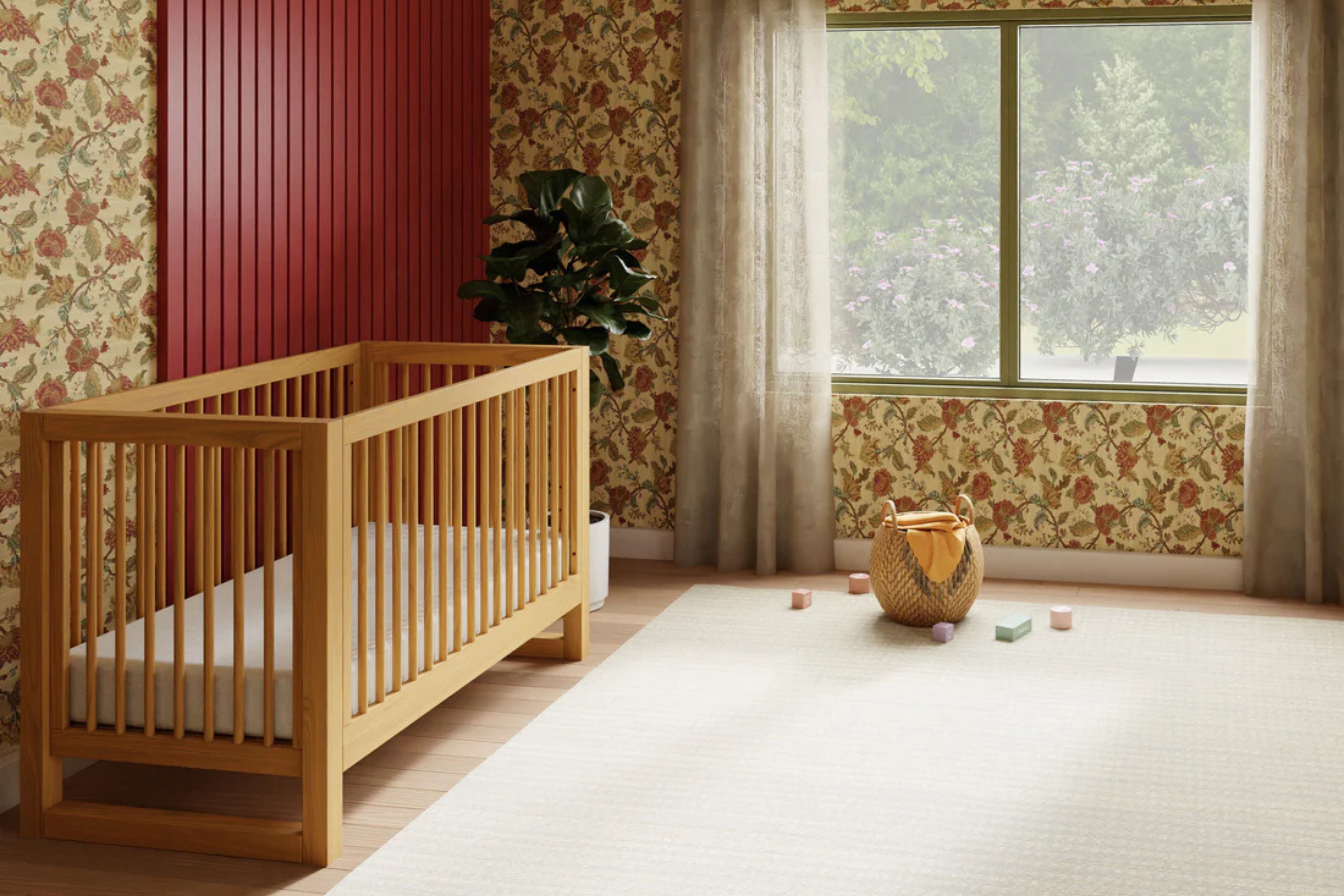 Namesake Nantucket 3-in-1 Convertible Crib in Honey finish styled in a vintage-inspired nursery #color_honey