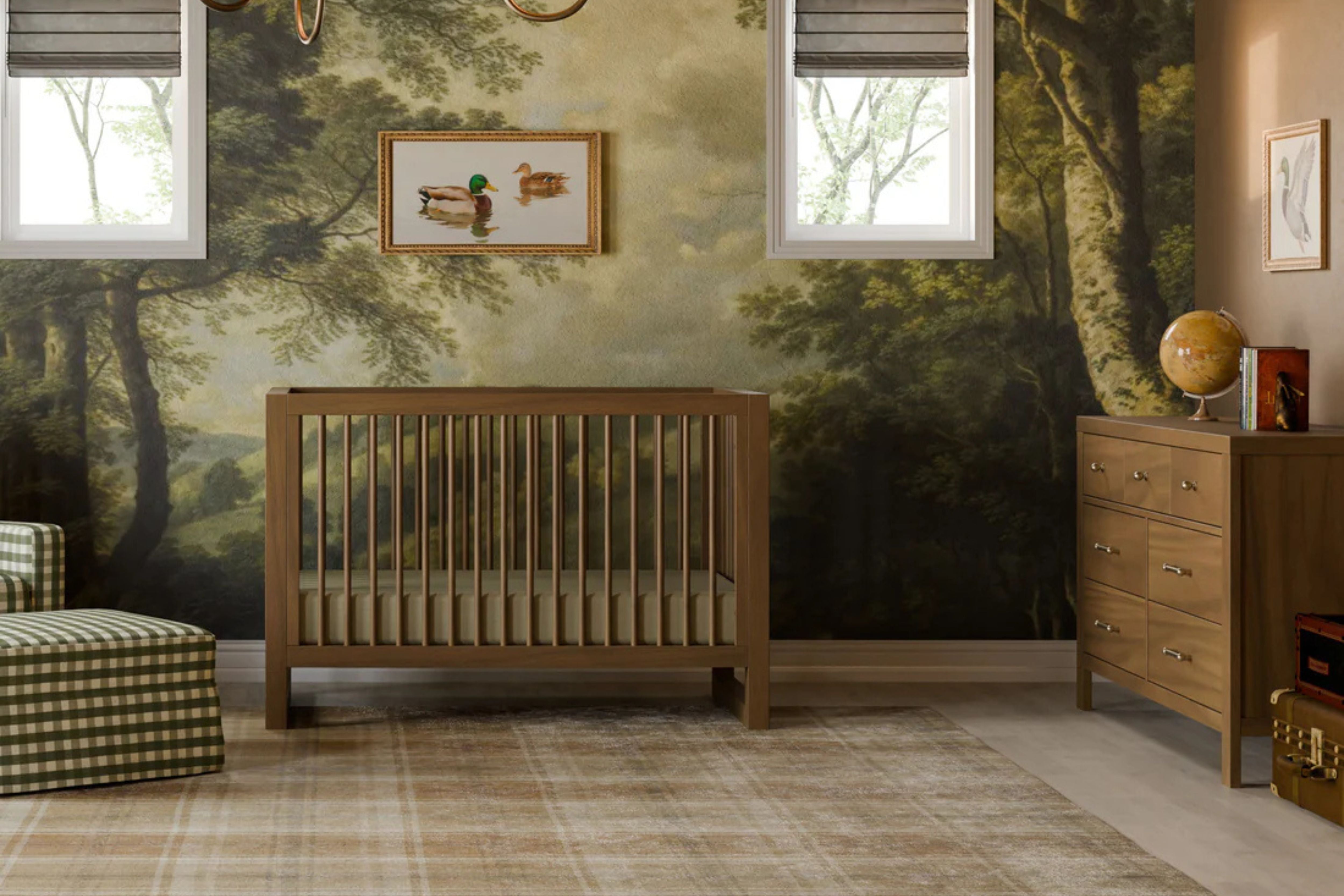 Namesake Nantucket 3-in-1 Convertible Crib in Walnut finish styled in a vintage-inspired nursery #color_walnut