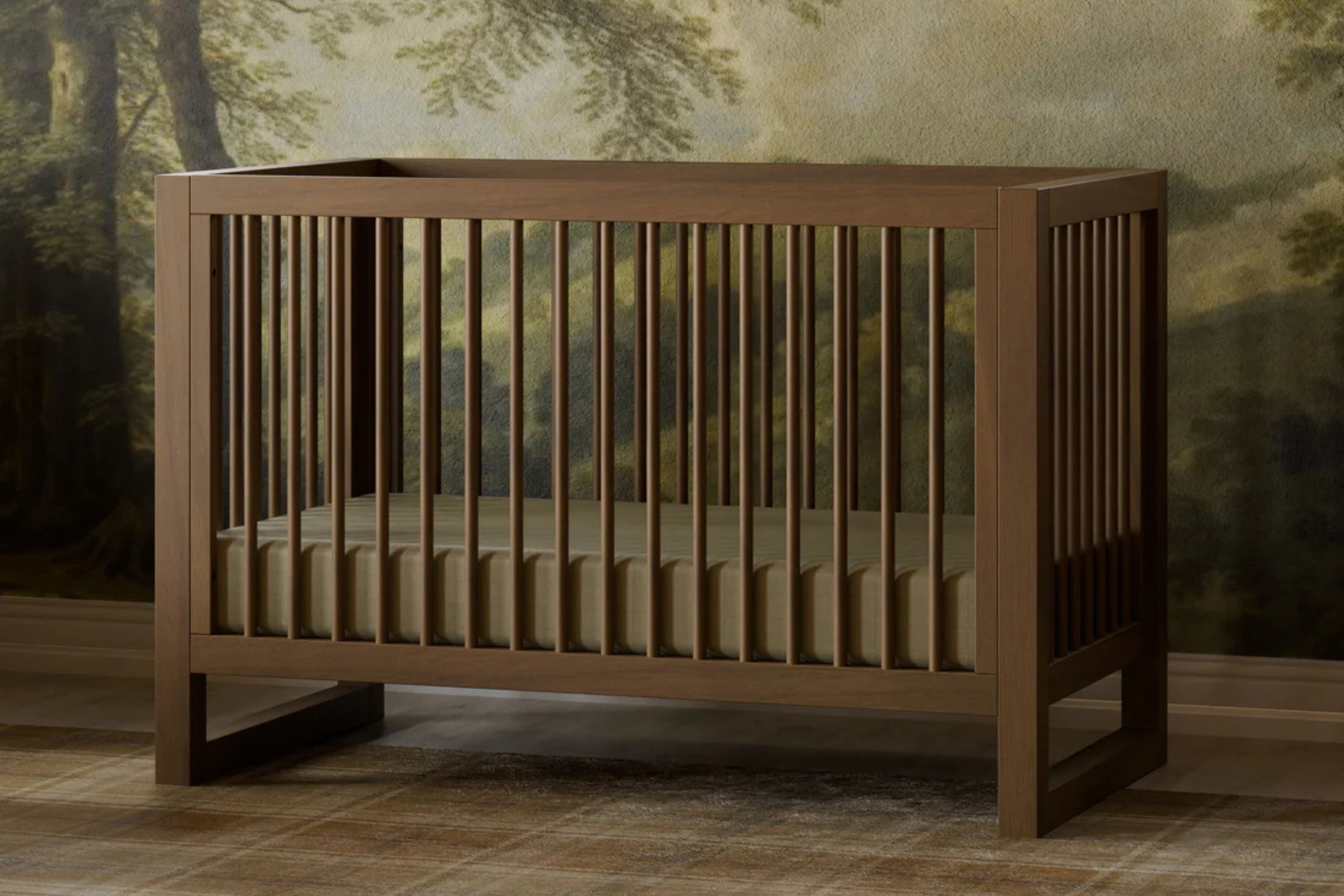 Namesake Nantucket 3-in-1 Convertible Crib in Walnut finish styled as a toddler bed using the included toddler bed conversion kit #color_walnut