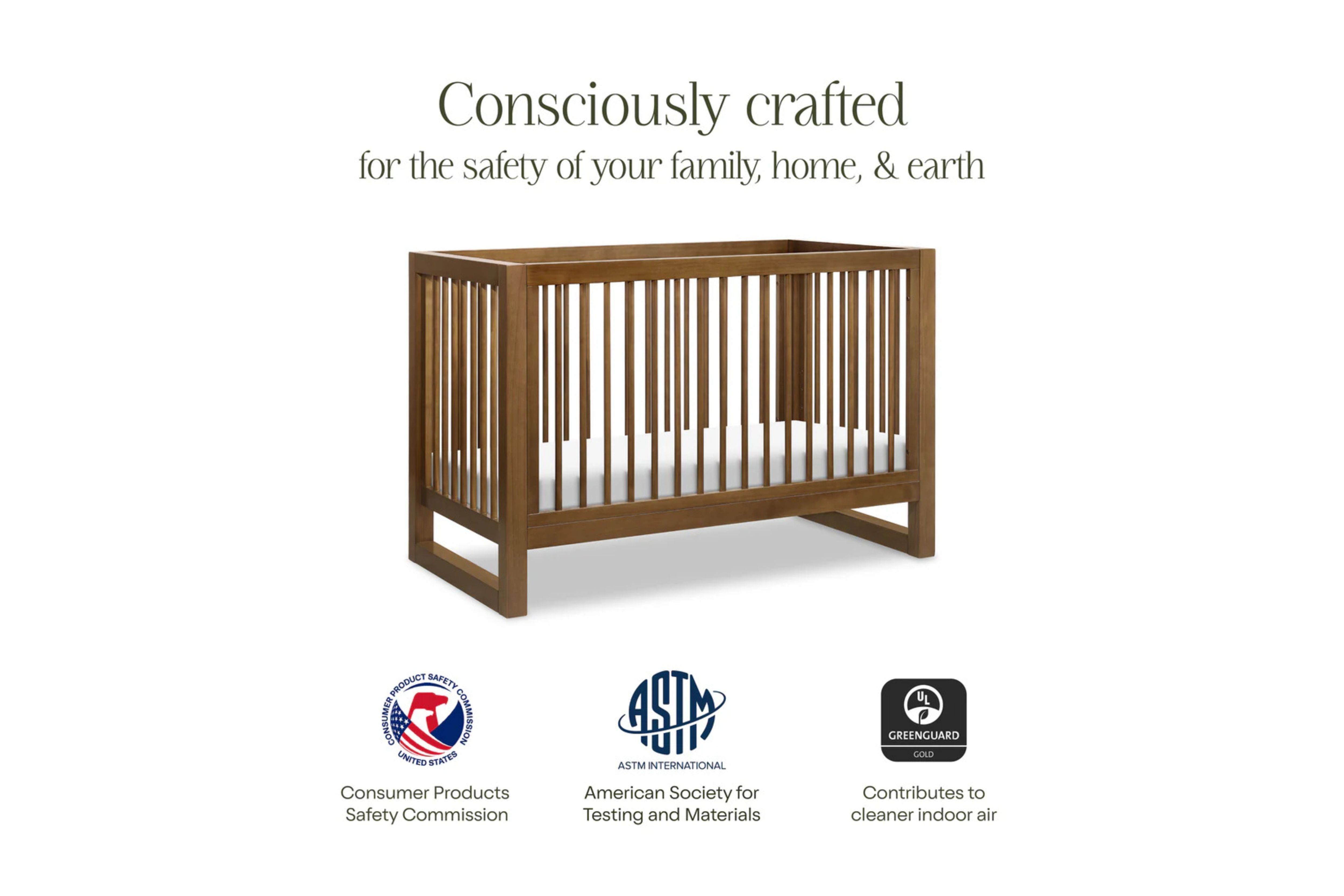 Namesake Nantucket 3-in-1 Convertible Crib highlighting its consciously crafted design #color_walnut