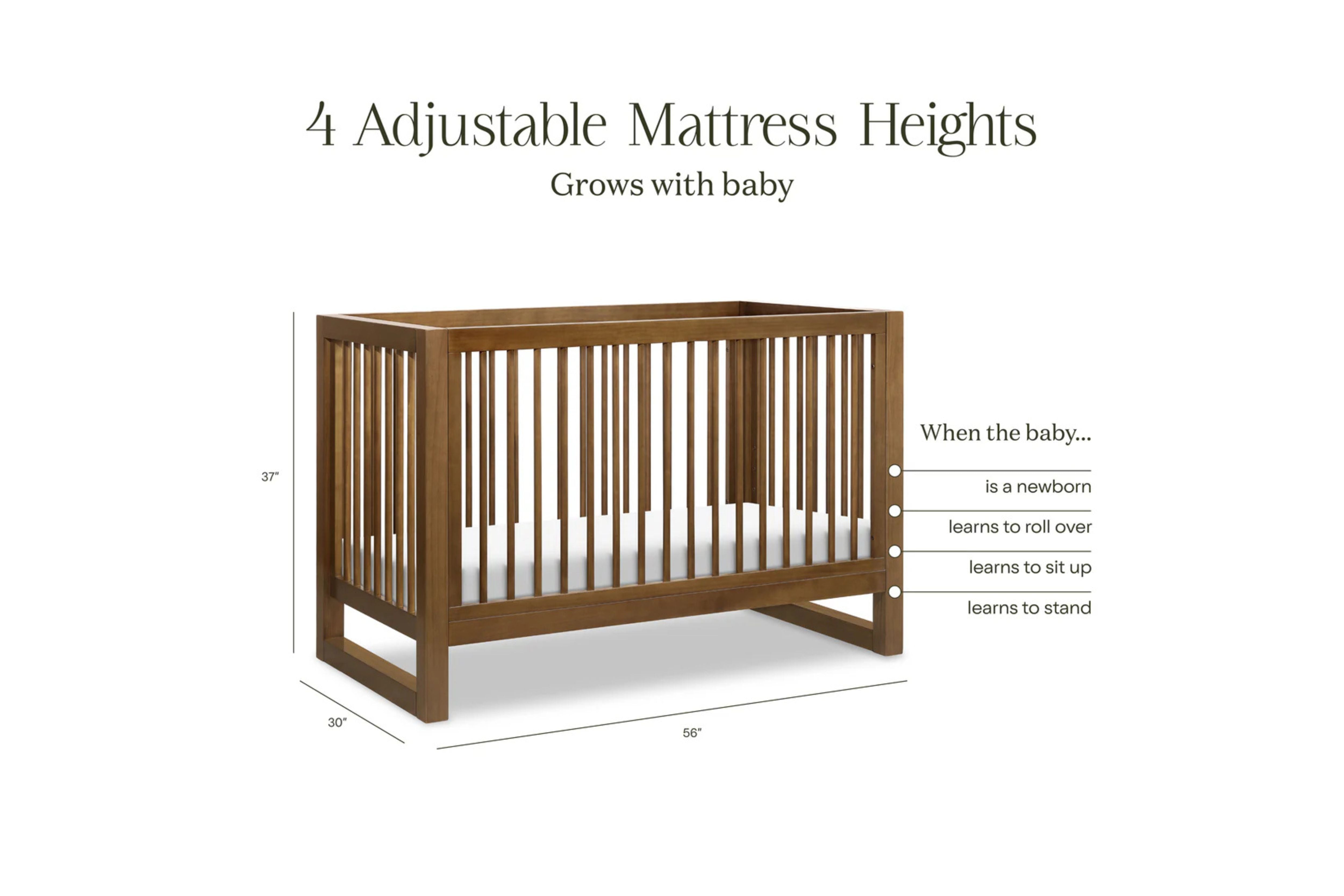 Namesake Nantucket 3-in-1 Convertible Crib displaying all four adjustable mattress height positions #color_walnut