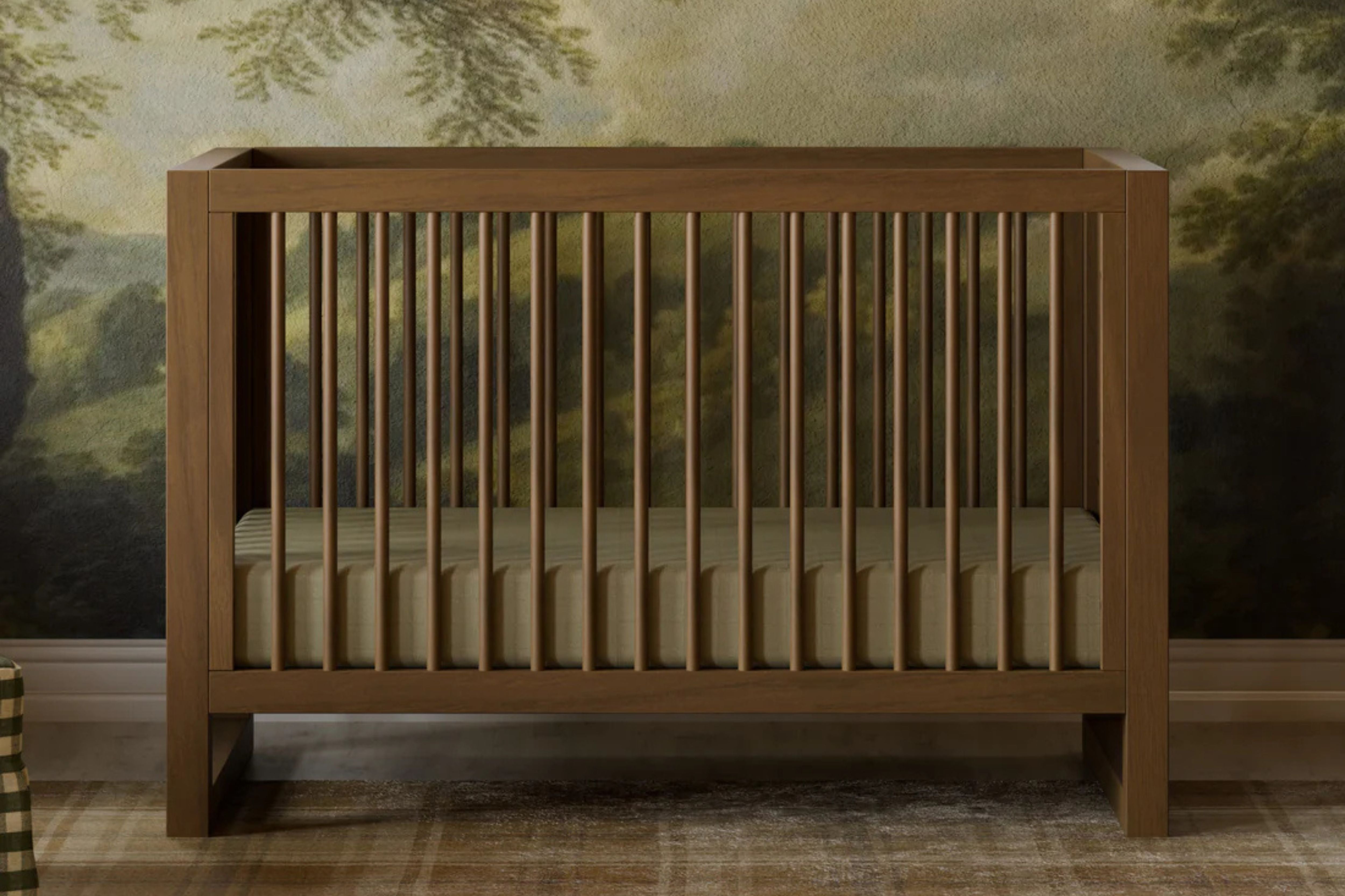 Namesake Nantucket 3-in-1 Convertible Crib in Walnut finish styled as a toddler bed using the included toddler bed conversion kit #color_walnut