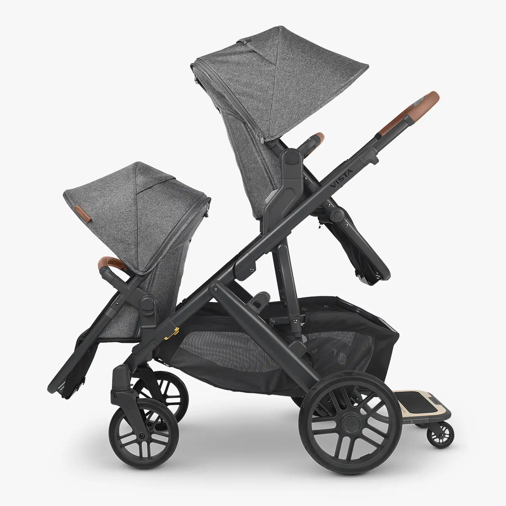 UPPAbaby PiggyBack Ride-Along Board attached to UPPAbaby Vista Stroller in double stroller configuration with the use of the UPPAbaby RumbleSeat