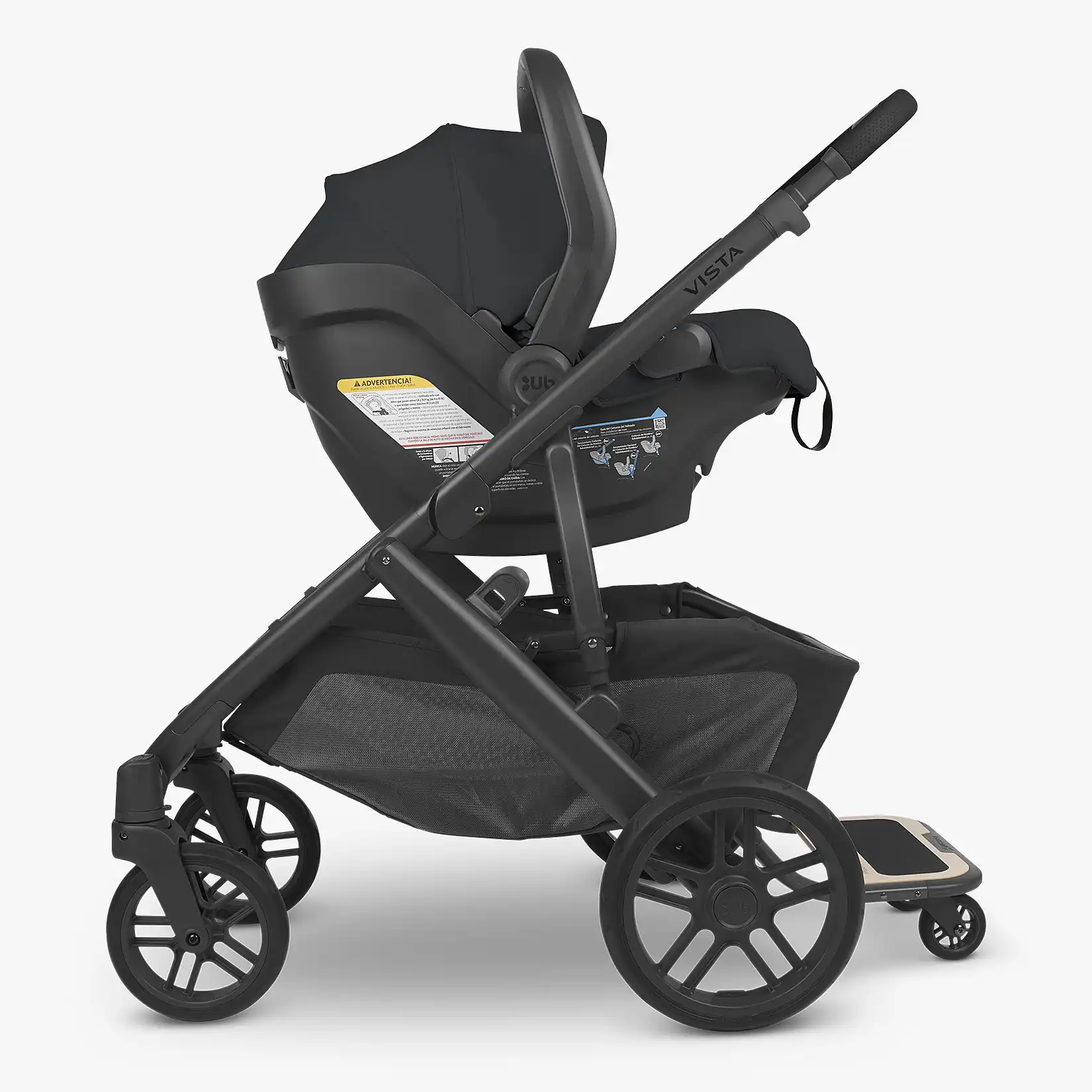 UPPAbaby PiggyBack Ride-Along Board attached to UPPAbaby Vista Stroller in bassinet configuration with the use of the UPPAbaby Bassinet 