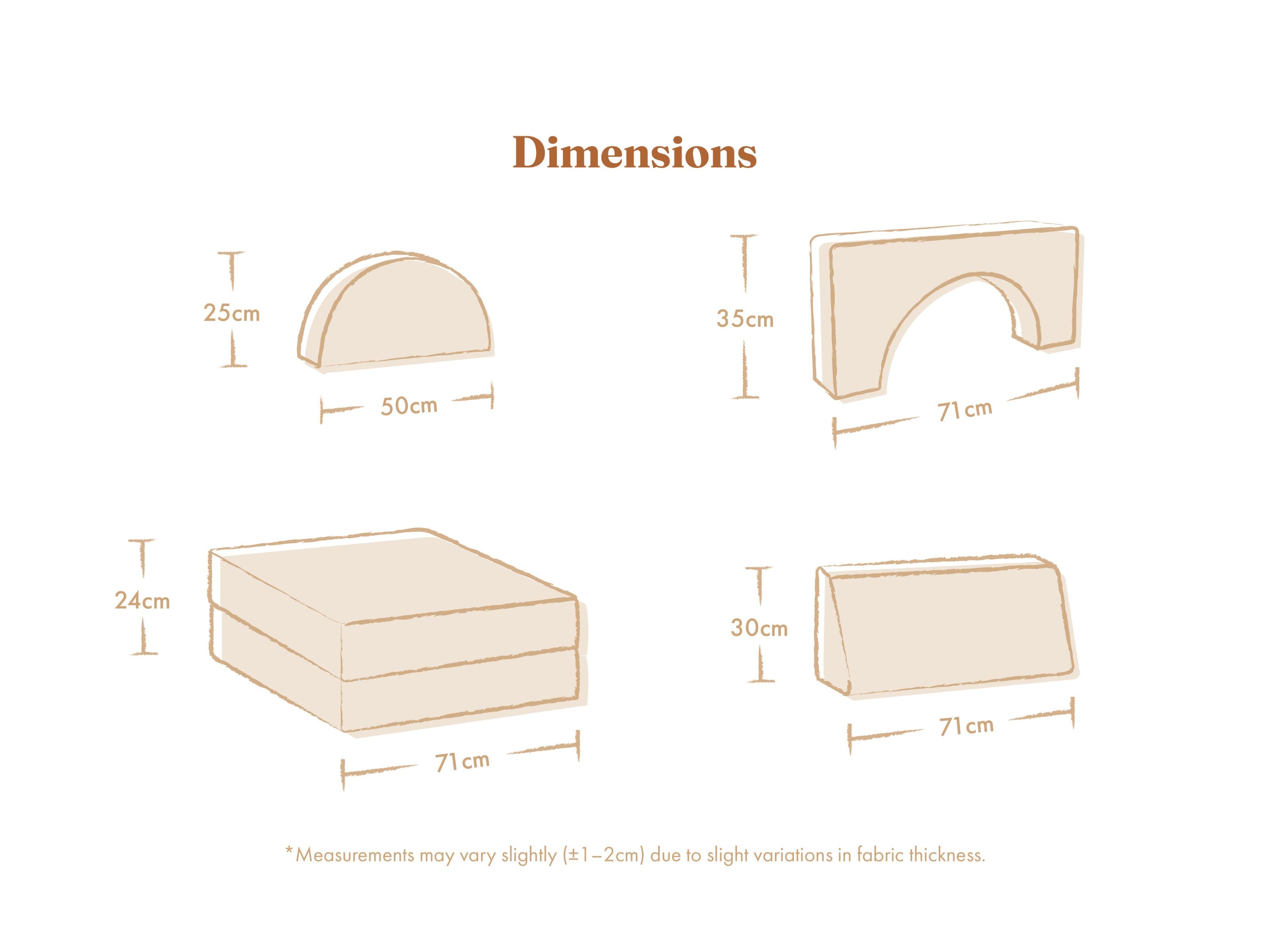 Dimensions of the pieces of the Lollibly Wonderstack Play Sofa