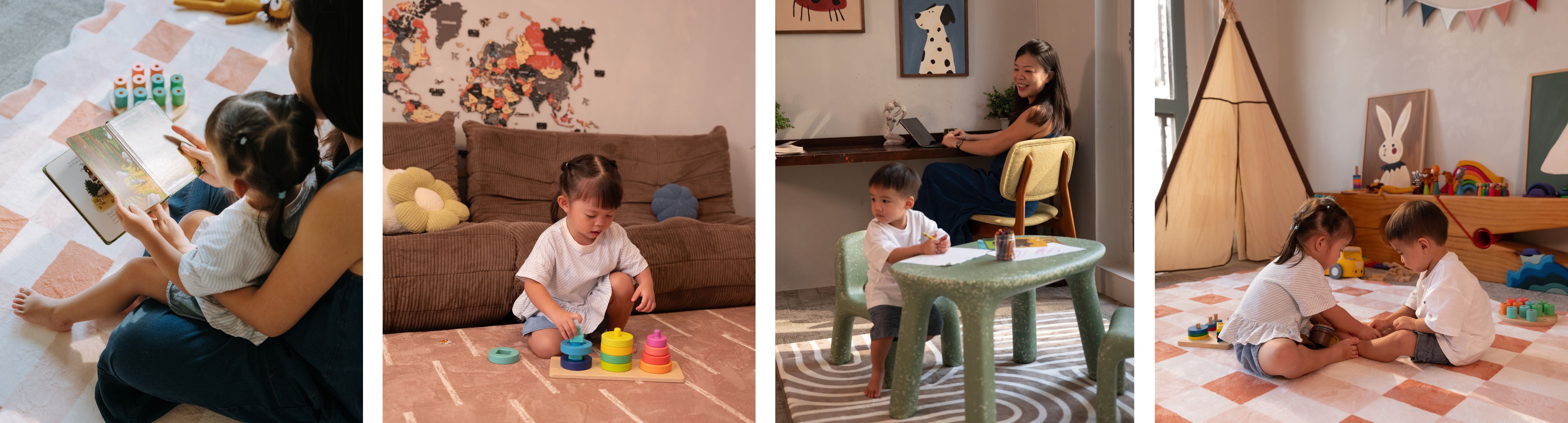 4 lifestyle pictures of plush baby playmat in home and nursery setting