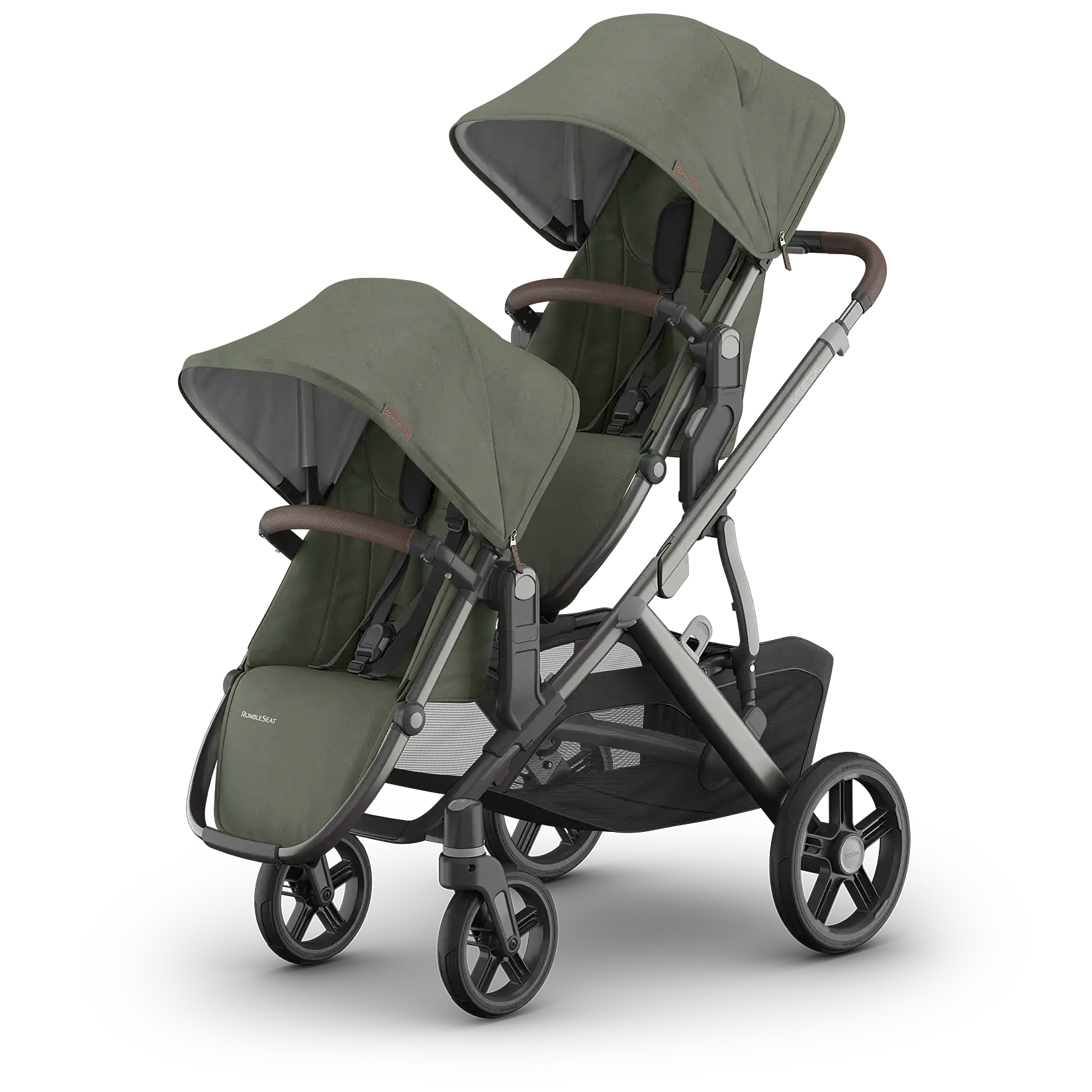 UPPAbaby Vista Stroller in double seat unit configuration with the UPPAbaby RumbleSeat V3 #color_evelyn