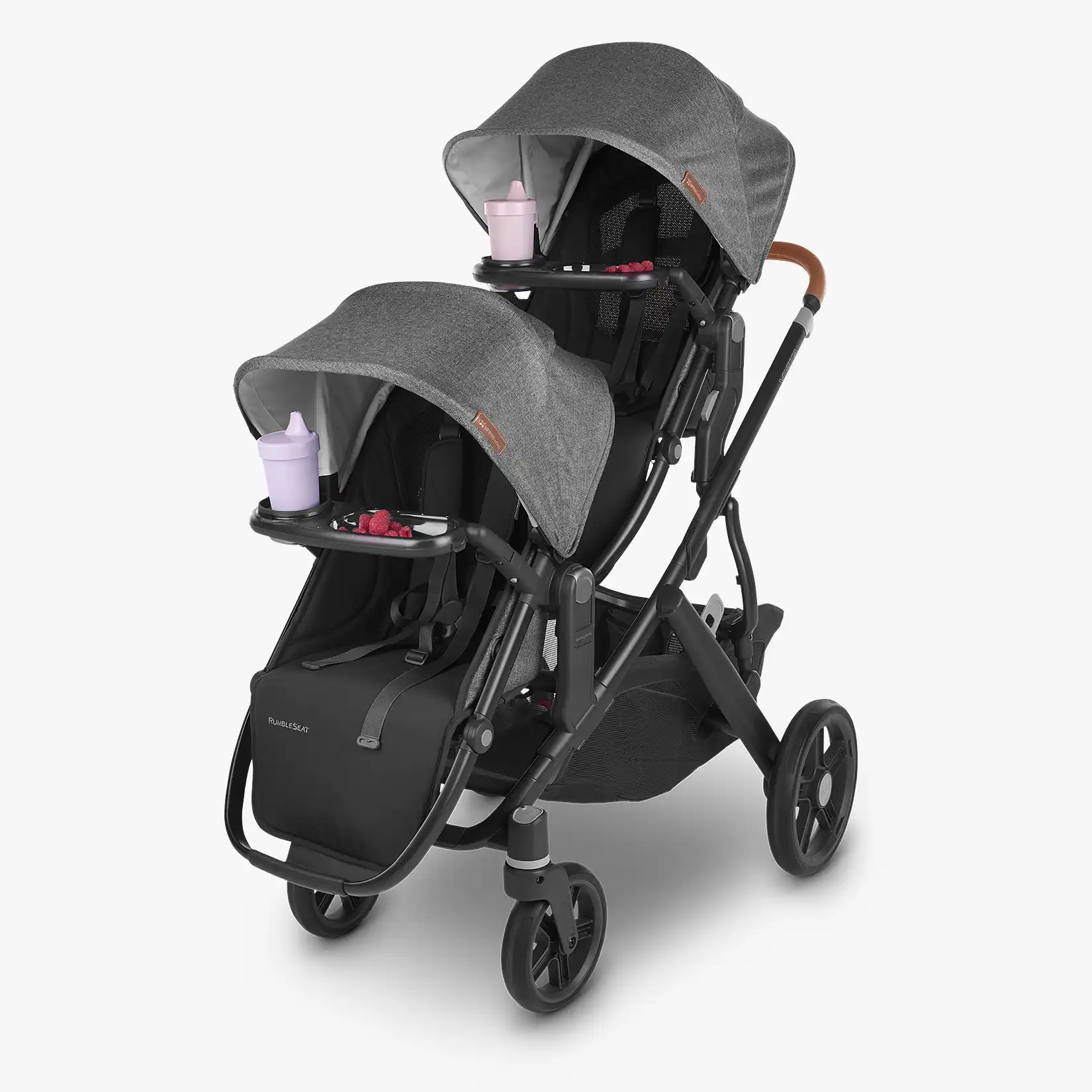 UPPAbaby Snack Tray attached on a stroller with a double seat configuration, each seat unit having their own snack tray