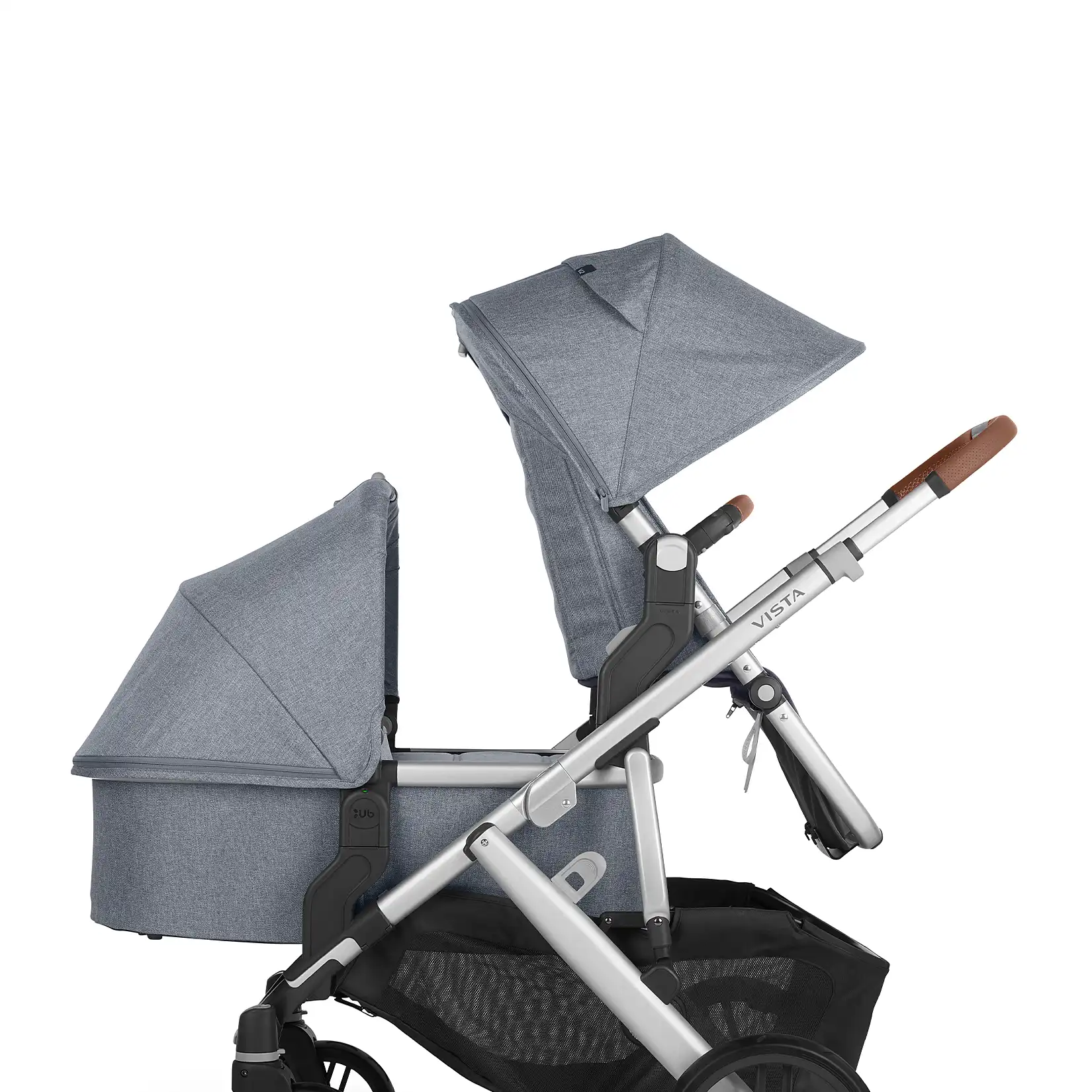 UPPAbaby Vista Stroller in double seat unit configuration with the use of the UPPAbaby Vista Lower and Upper Adapters featuring the UPPAbaby Bassinet  and UPPAbaby RumbleSeat