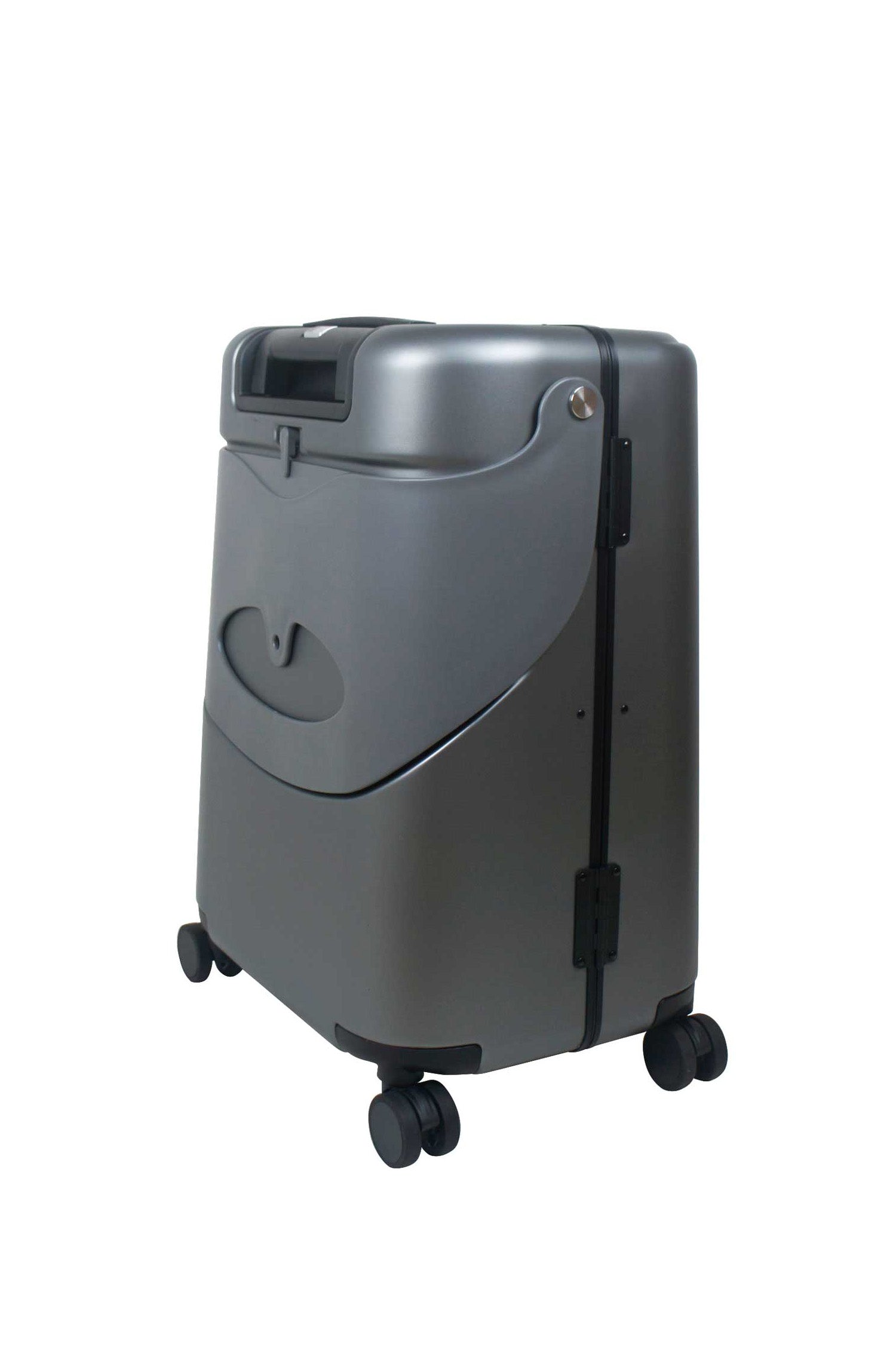 miamily charcoal grey luggage with ride-on seat folded side view