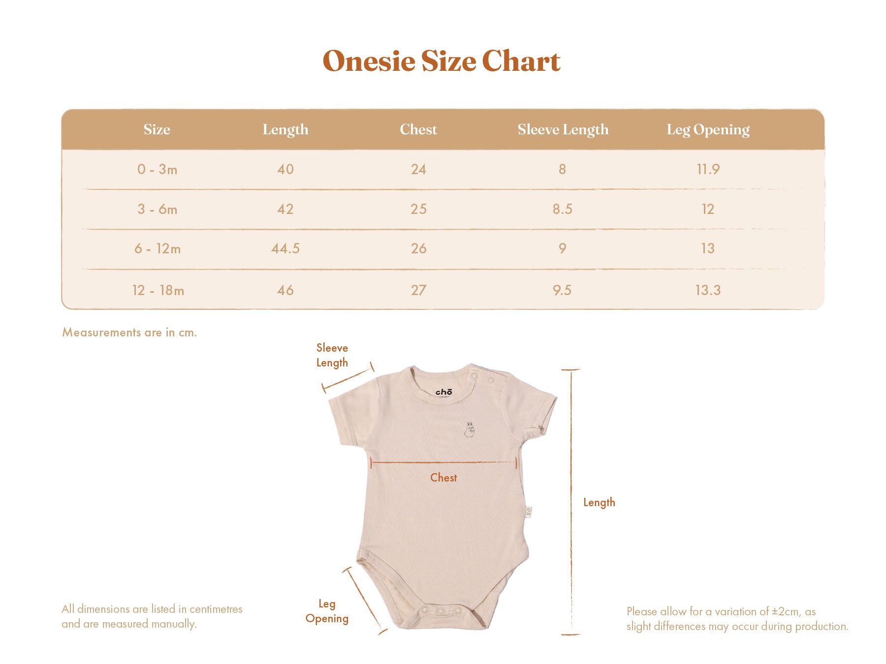 Lollibly bamboo onesie size chart with measurements