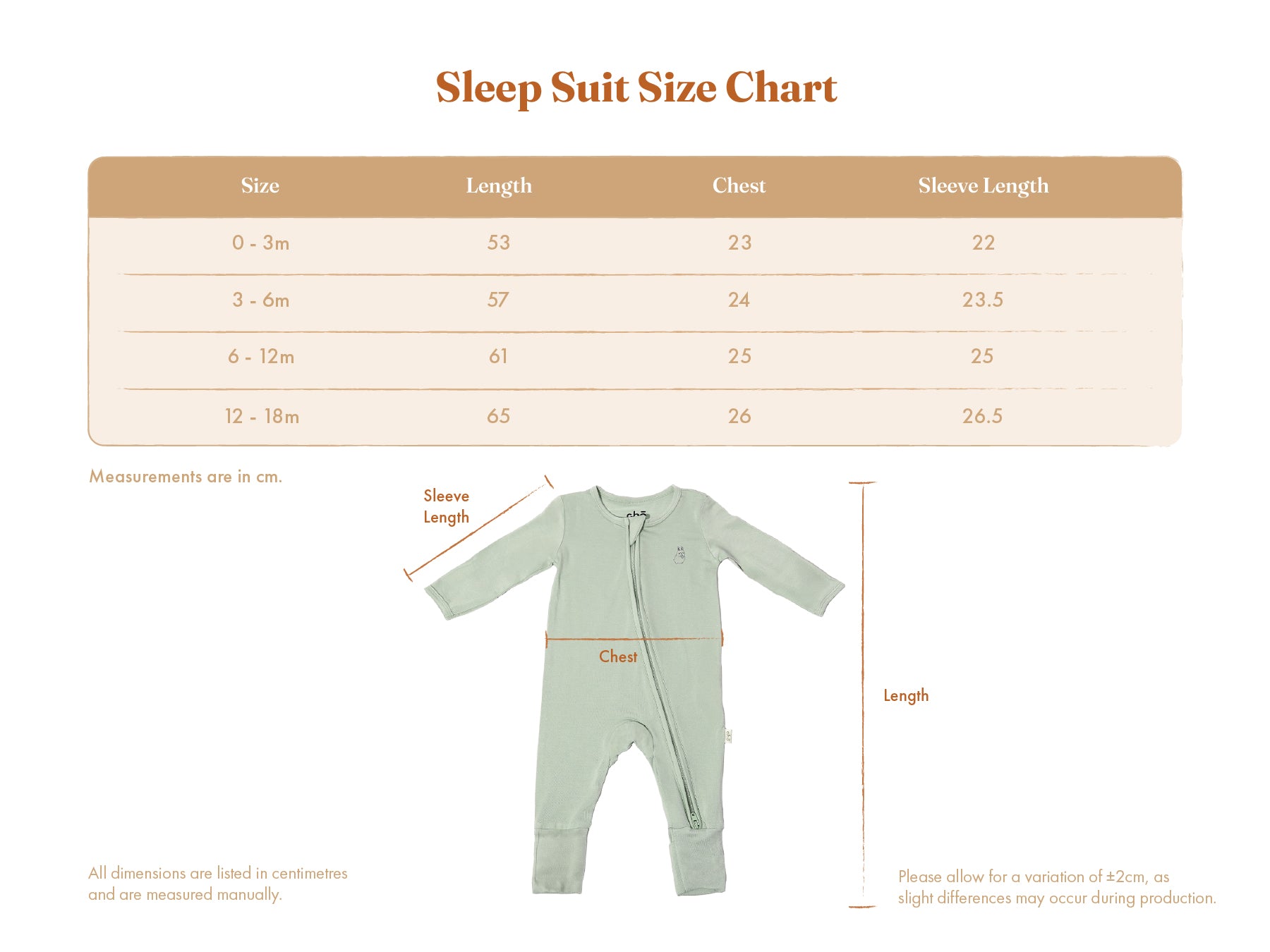 Lollibly bamboo sleep suit size chart with measurements