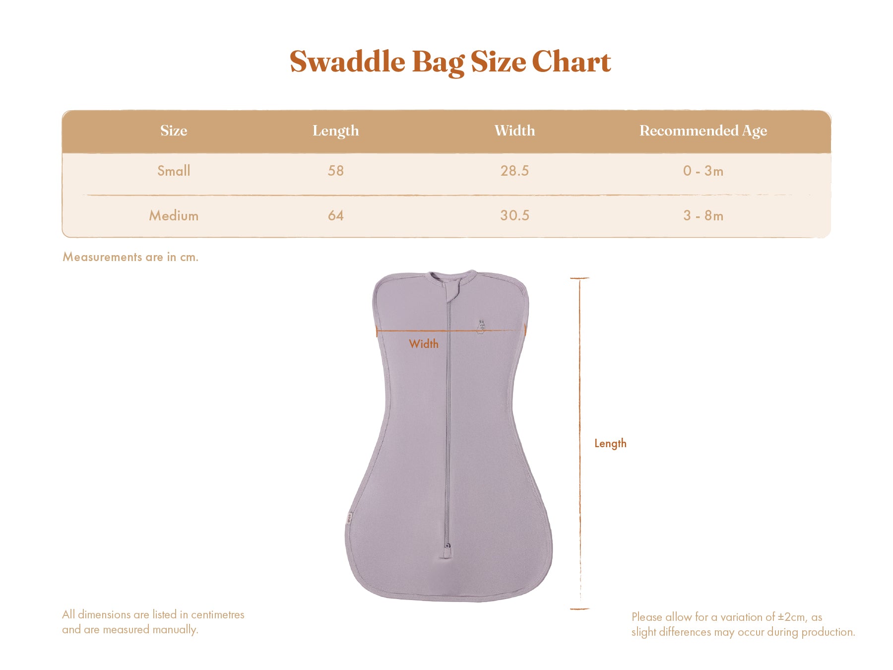 Lollibly bamboo swaddle size chart with measurements