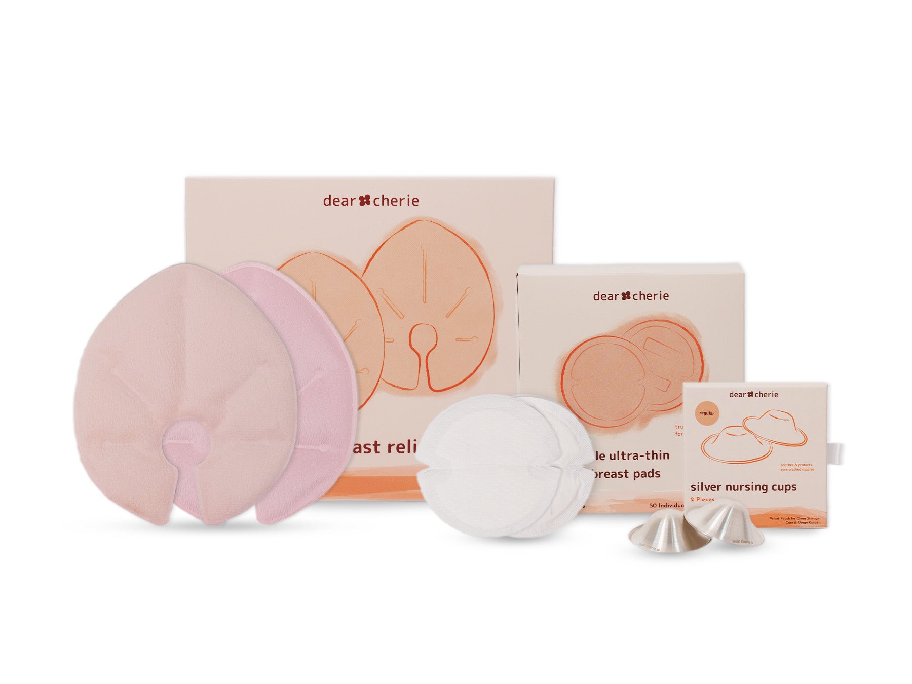 Nursing pads and silver nursing cups with packaging on a white background