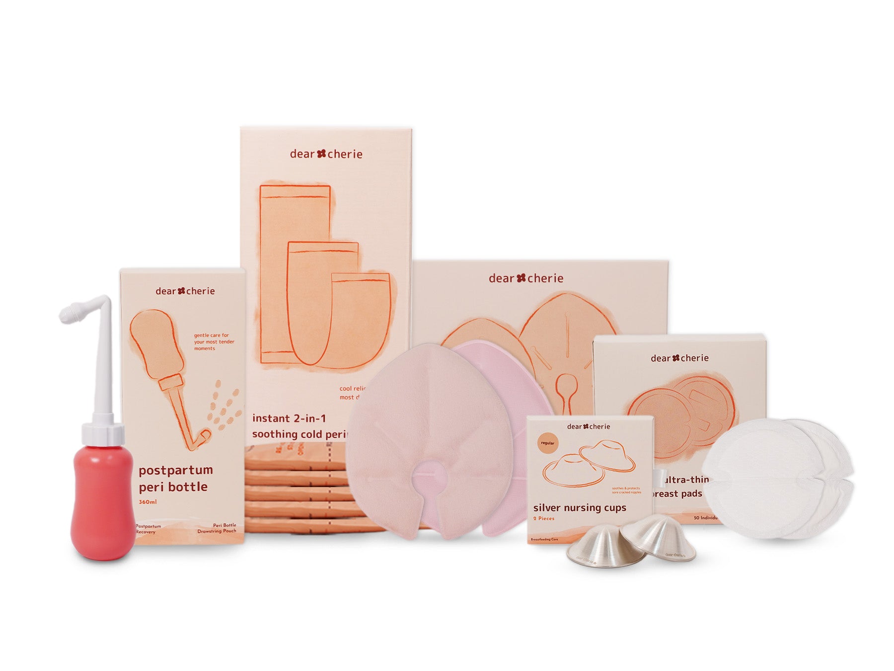 Collection of Dear Cherie postpartum products including peri bottle, perineal pads, silver cups, breast pads on a white background