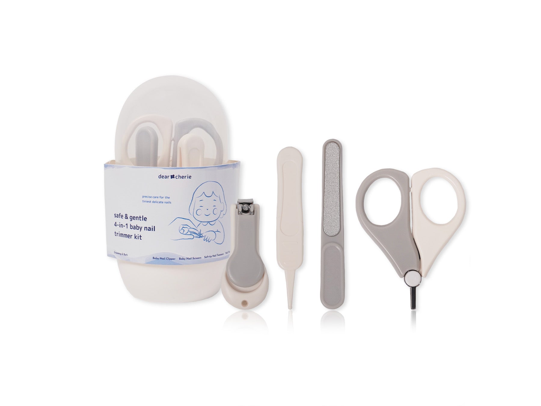 Baby nail care kit with various tools on a white background
