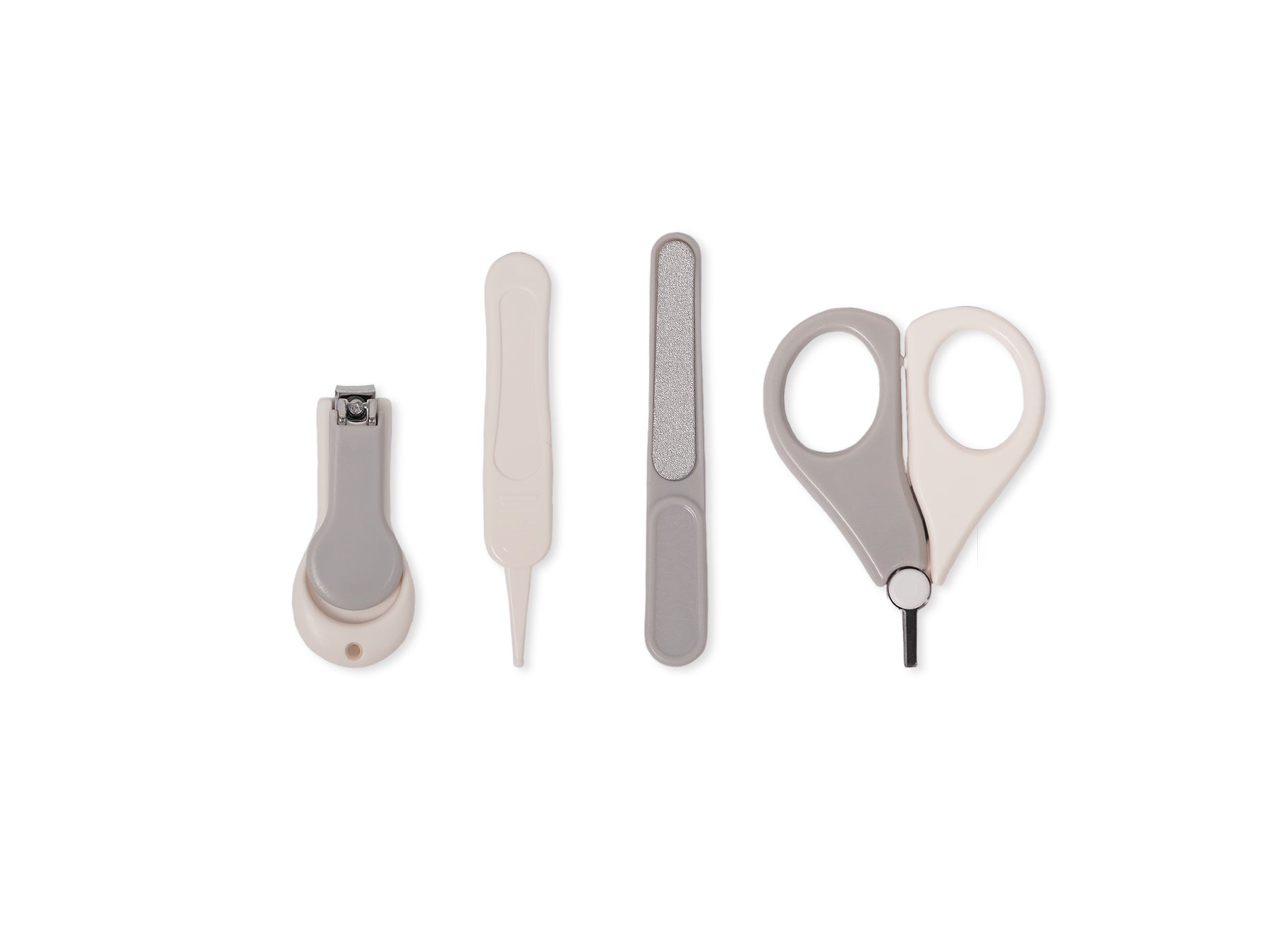 Set of baby nail care tools including scissors, cuticle nipper, and files on a white background