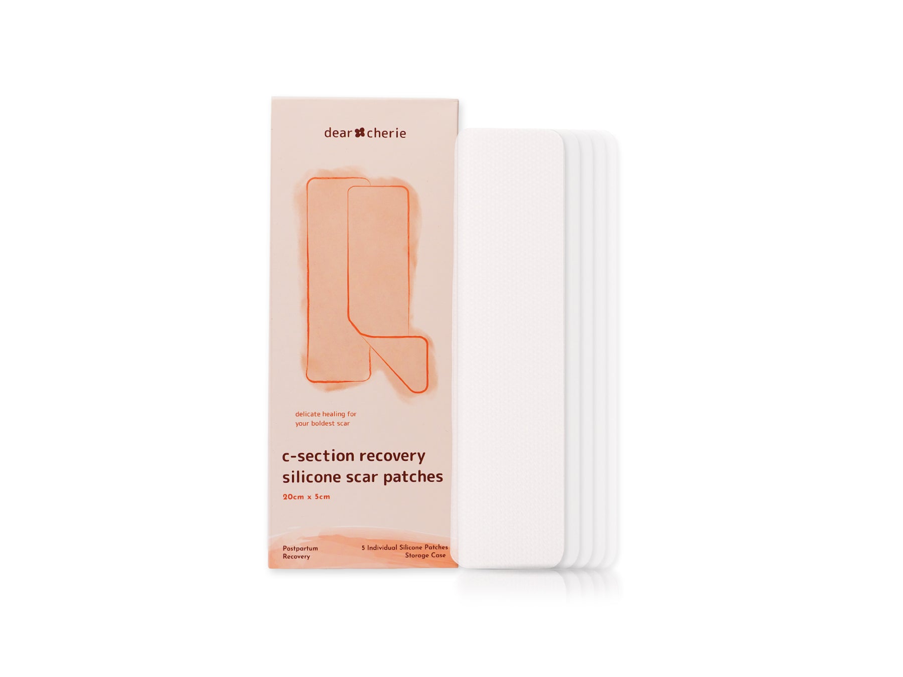 C-section recovery silicone scar patches with packaging on a white background
