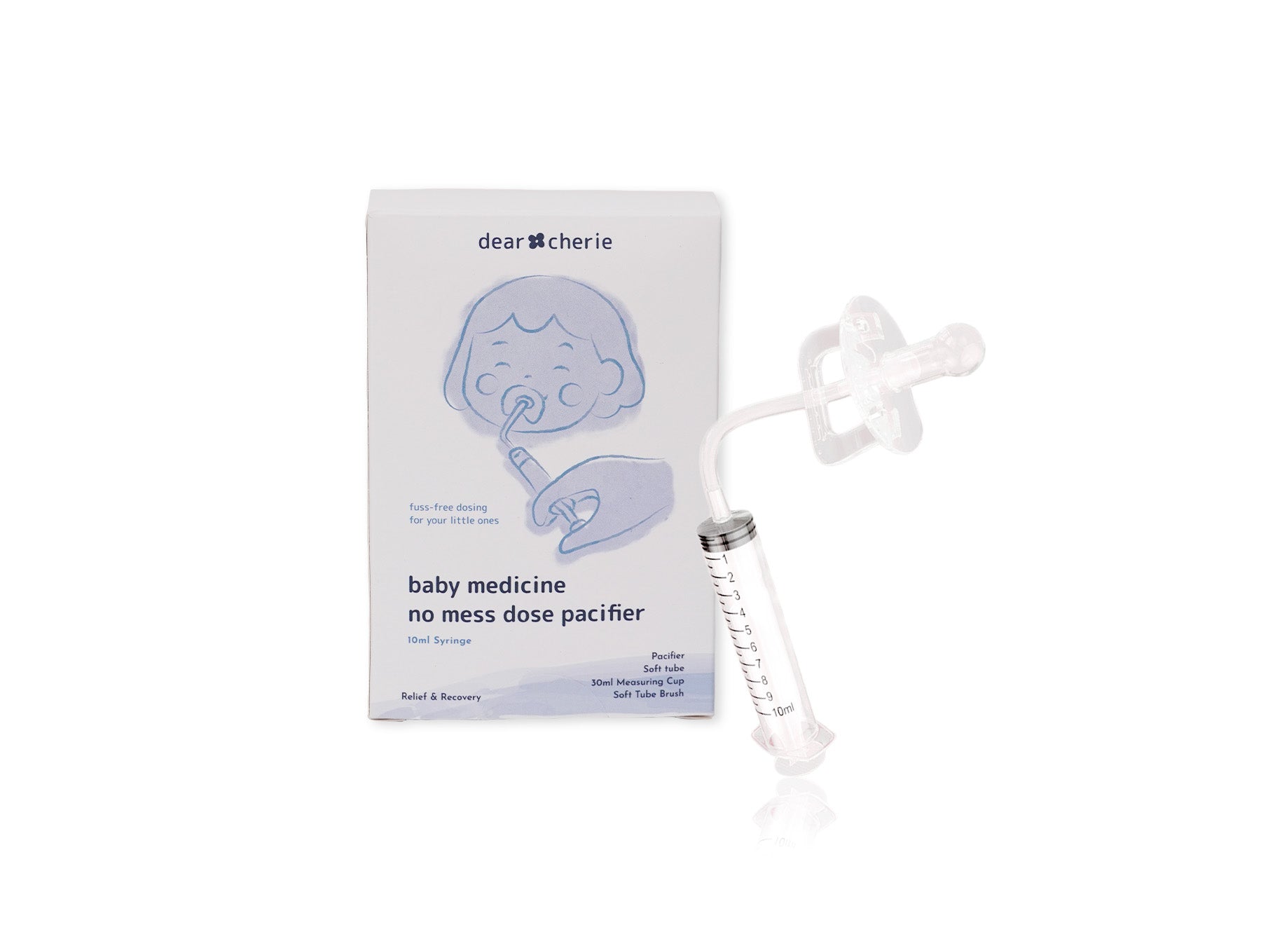 Baby medicine no mess dose pacifier with packaging on a white background