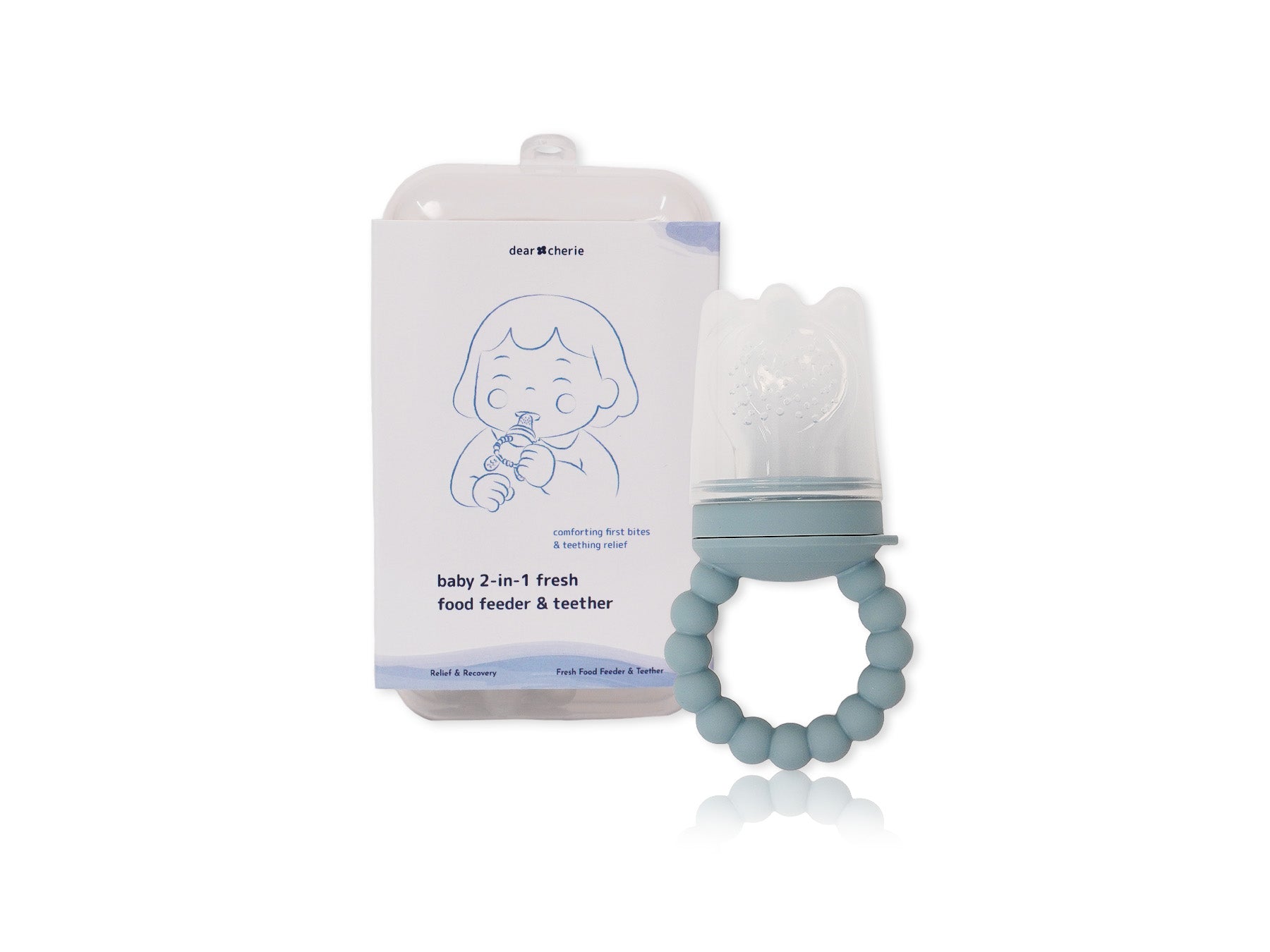 Baby 2-in-1 food feeder and teether with packaging on a white background