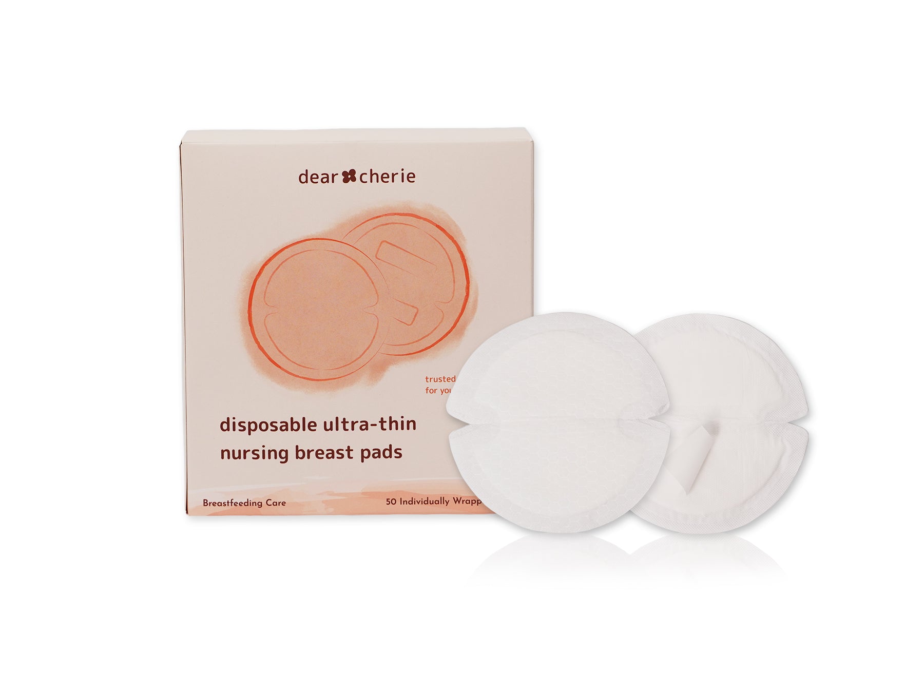 Disposable ultra-thin nursing breast pads with packaging on a white background