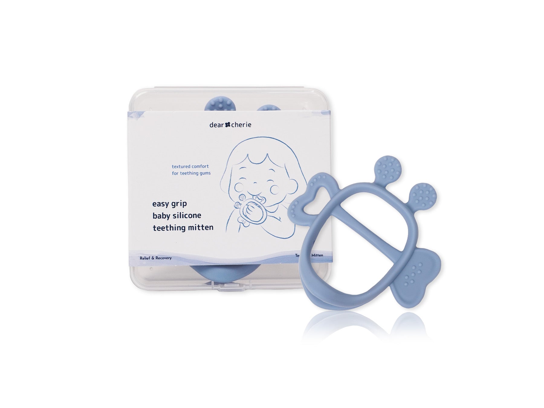 Blue baby silicone teething mitten with packaging on a white background