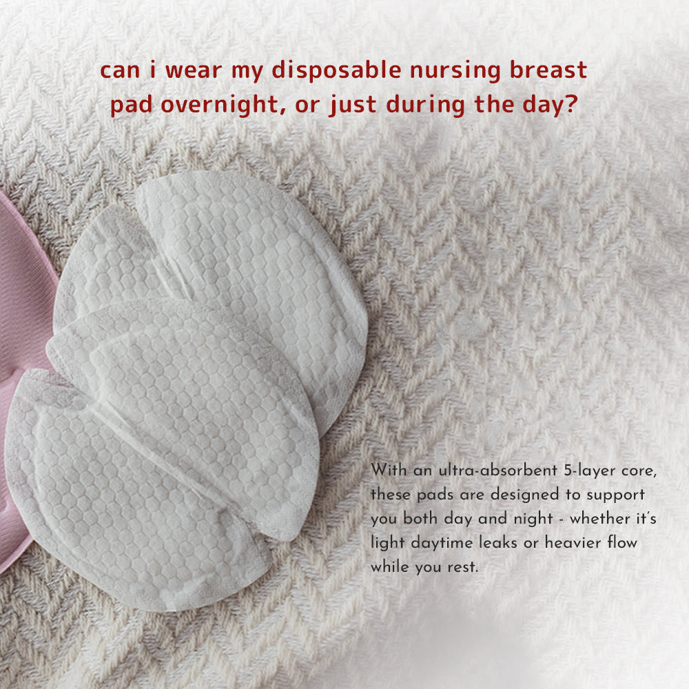 disposable nursing breast pads FAQ graphic addressing whether they can be worn overnight