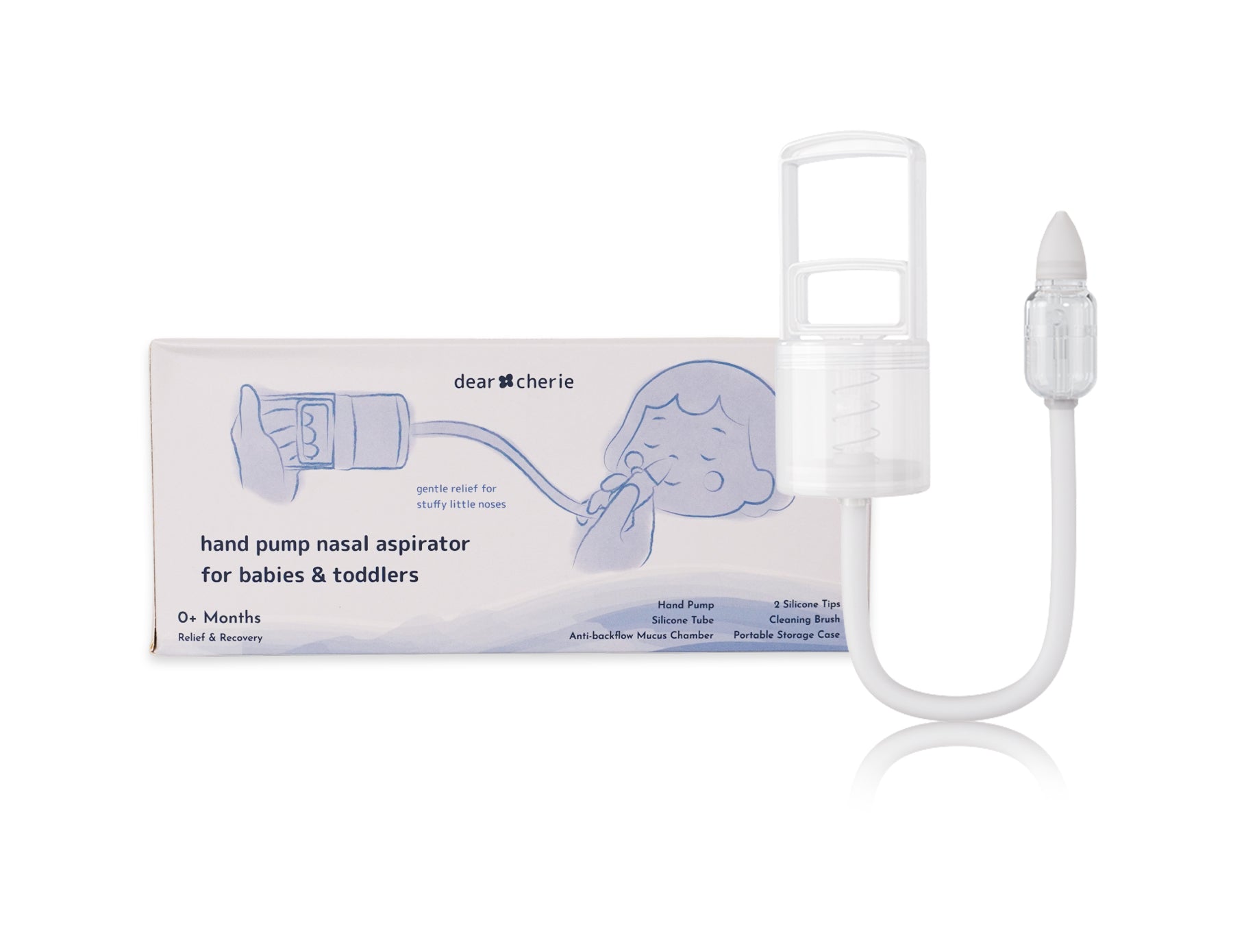 Dear Cherie Hand Pump Nasal Aspirator displayed beside its packaging.