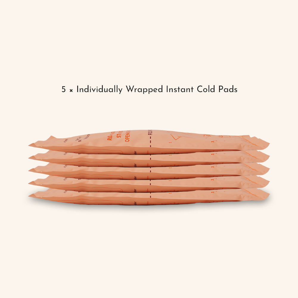 Stack of five individually wrapped instant cold perineal pads