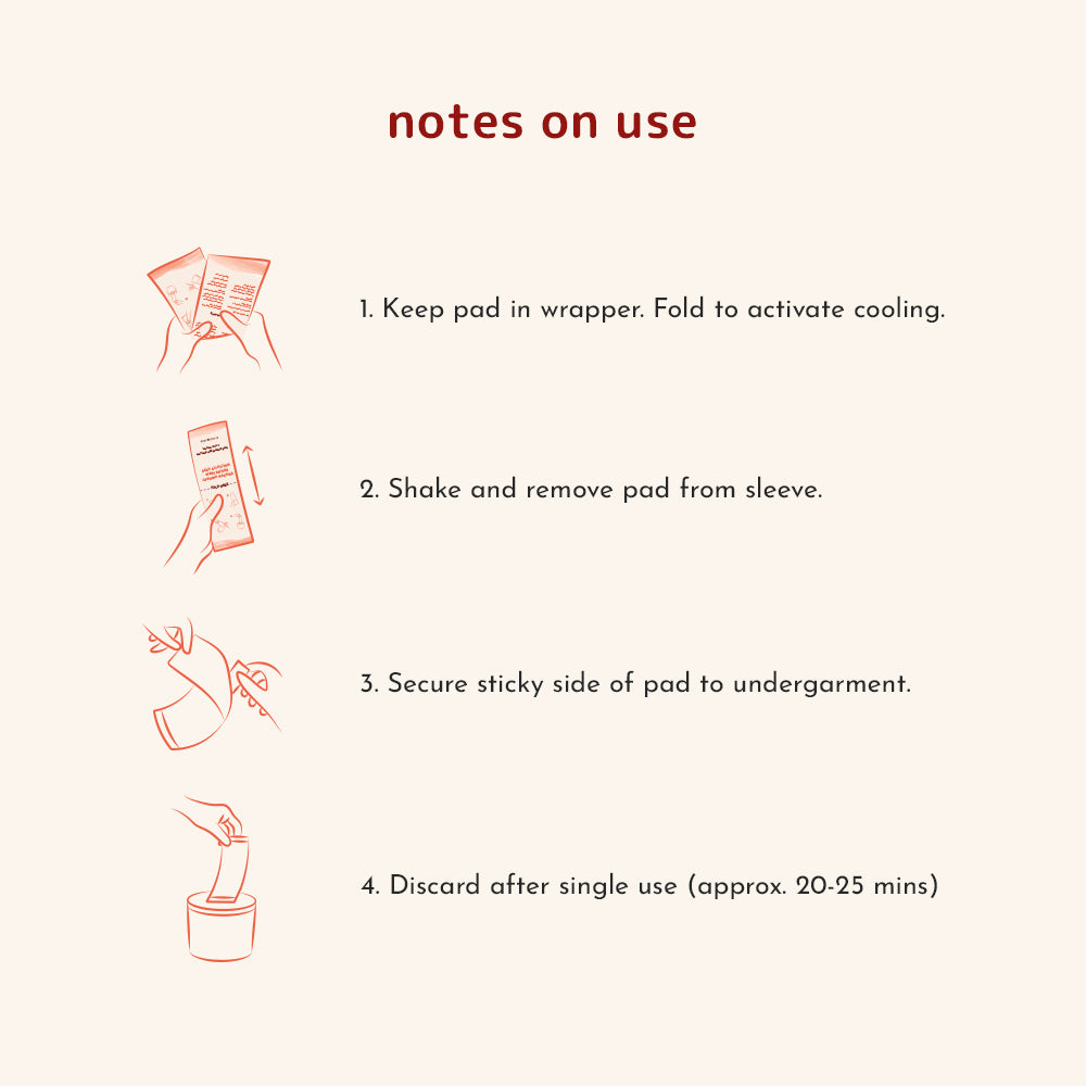 Usage instructions on how to use an instant 2-in-1 soothing cold perineal pads