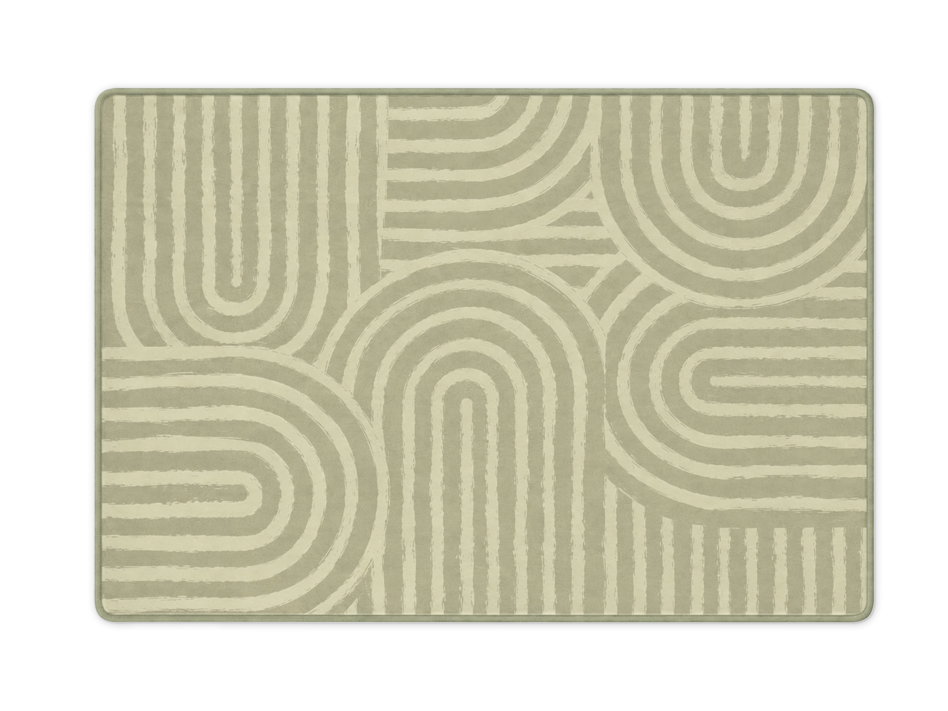 Lollibly Kaya Plush Playmat in XL (300 × 200cm). A rectangular area rug with a modern geometric pattern of concentric arches and lines in sage green and cream.