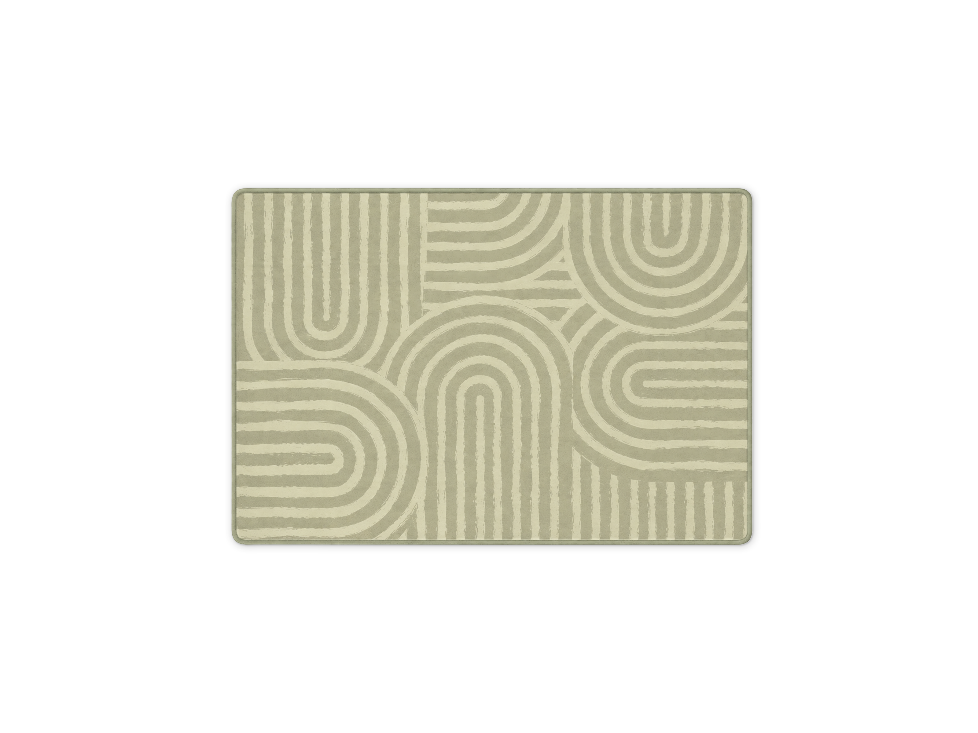 Lollibly Kaya Plush Playmat in Little One (100 × 140cm). A rectangular area rug with a modern geometric pattern of concentric arches and lines in sage green and cream.