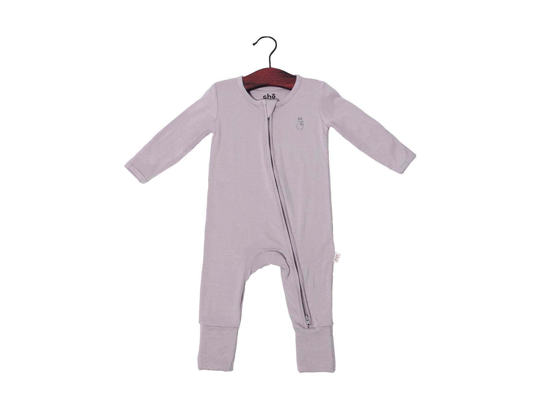 Light purple lavender baby sleep suit on a hanger